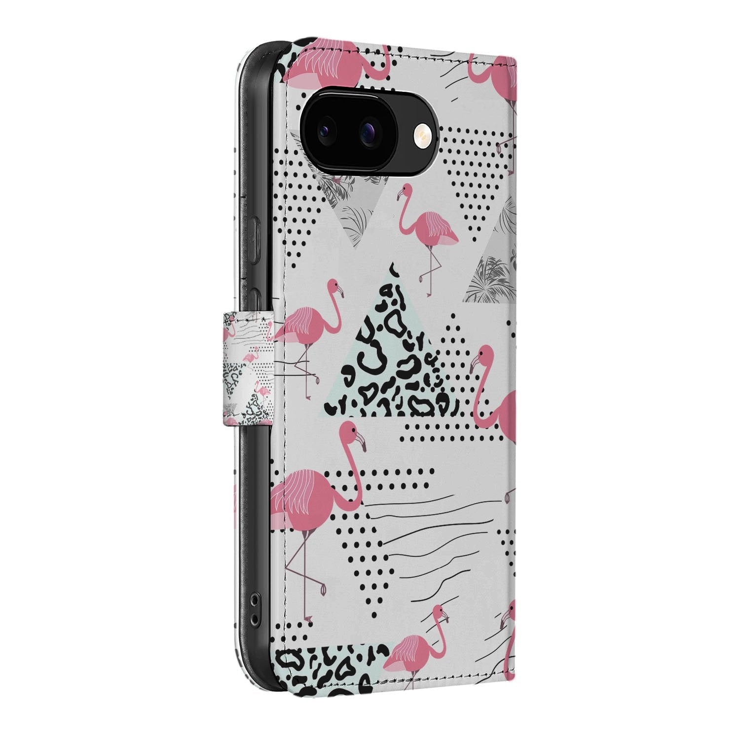 Flamingo Triangle Google Pixel 9a Book Case Portemonnee Hoesje Flamingo Triangle design zij aanzicht