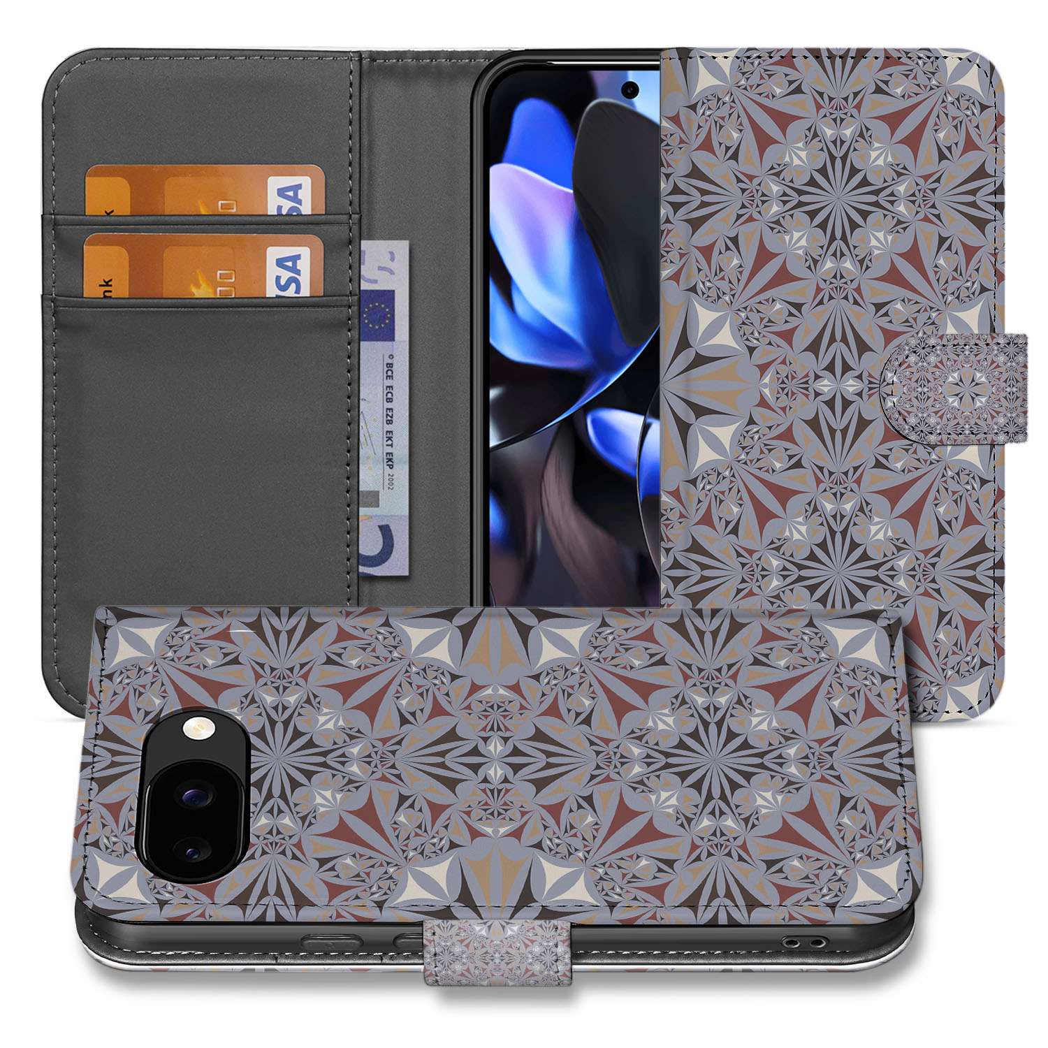 Flower Tiles Book Case Portemonnee Hoesje Voor Google Pixel 9a Met Bloemenpatroon designnaam bloemenpatroon aanzicht