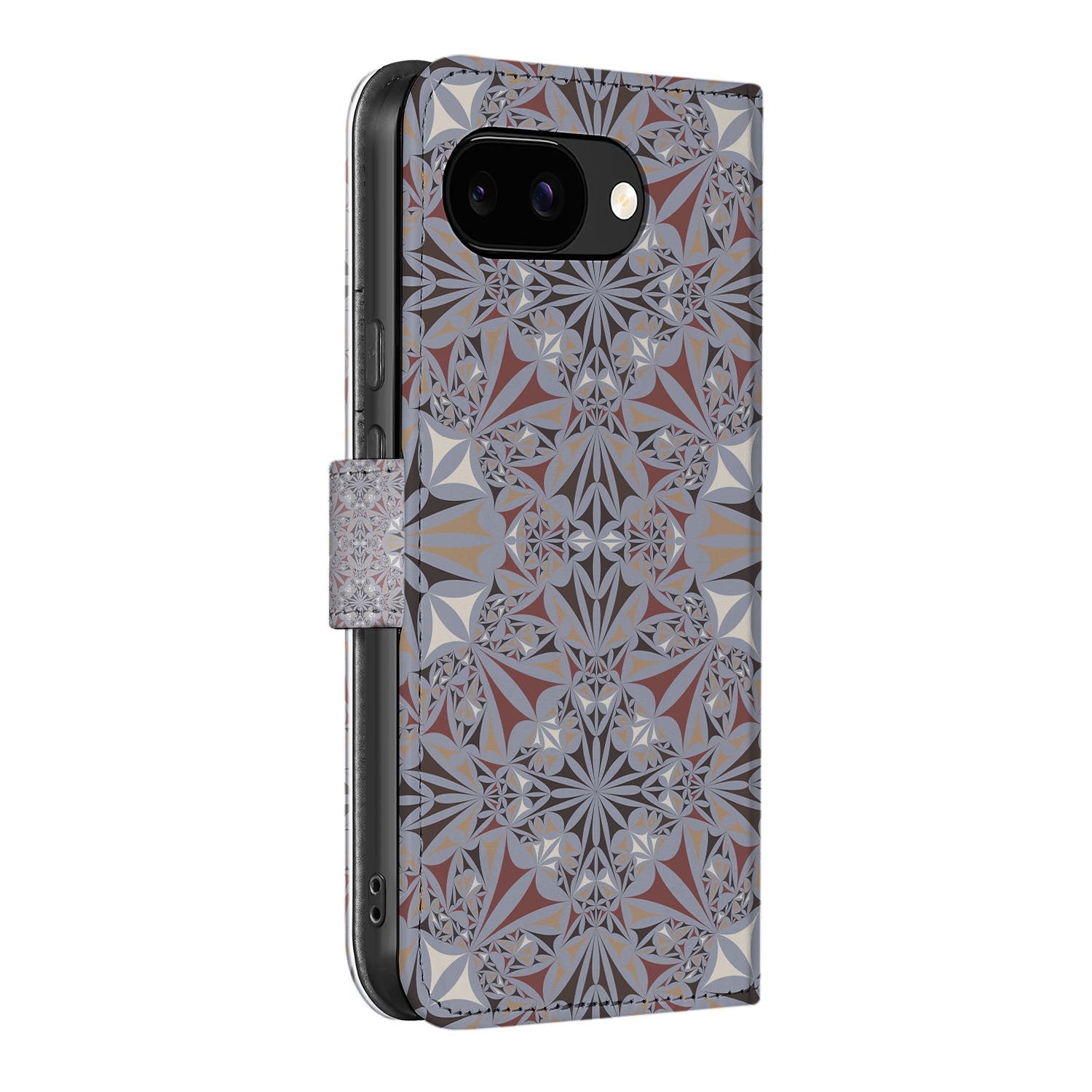 Google Pixel 9a Flower Tiles Book Case Portemonnee Hoesje Bloemenpatroon Aanzicht