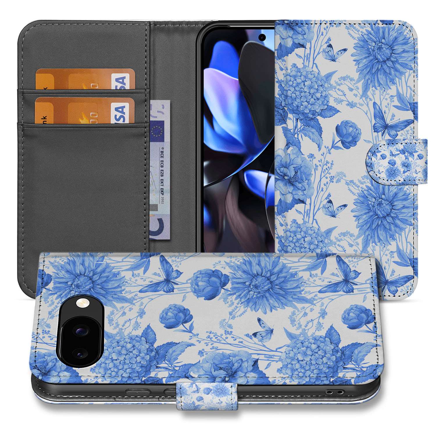 Blauw Bloemen Google Pixel 9a Portemonnee Hoesje bloemen design voorkant