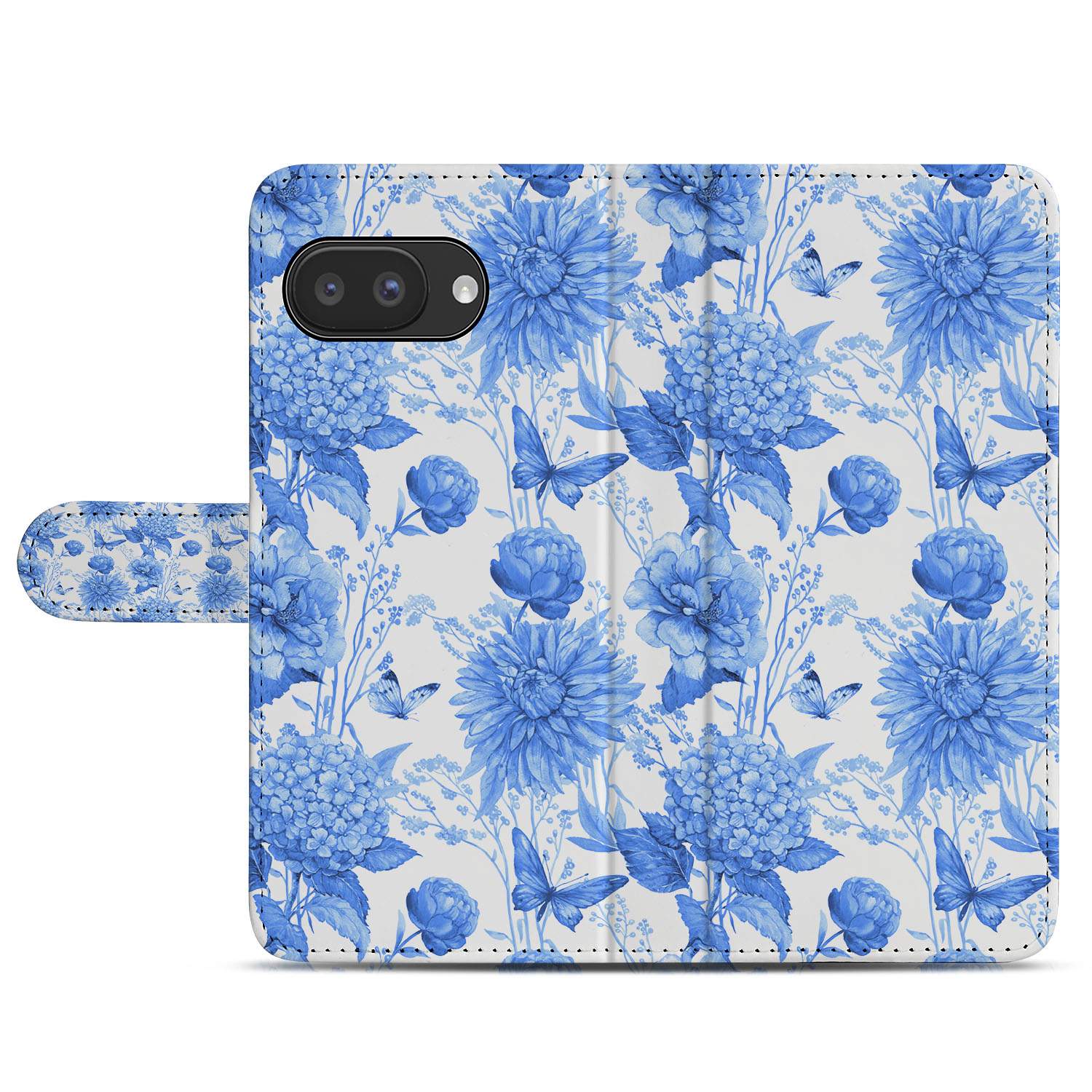 Blauw Bloemen Google Pixel 9a Portemonnee Hoesje bloemenpatroon bovenaanzicht
