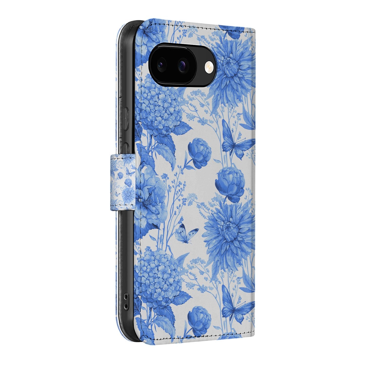 Blauw Bloemen Google Pixel 9a Portemonnee Hoesje bloemen patroon zij aanzicht