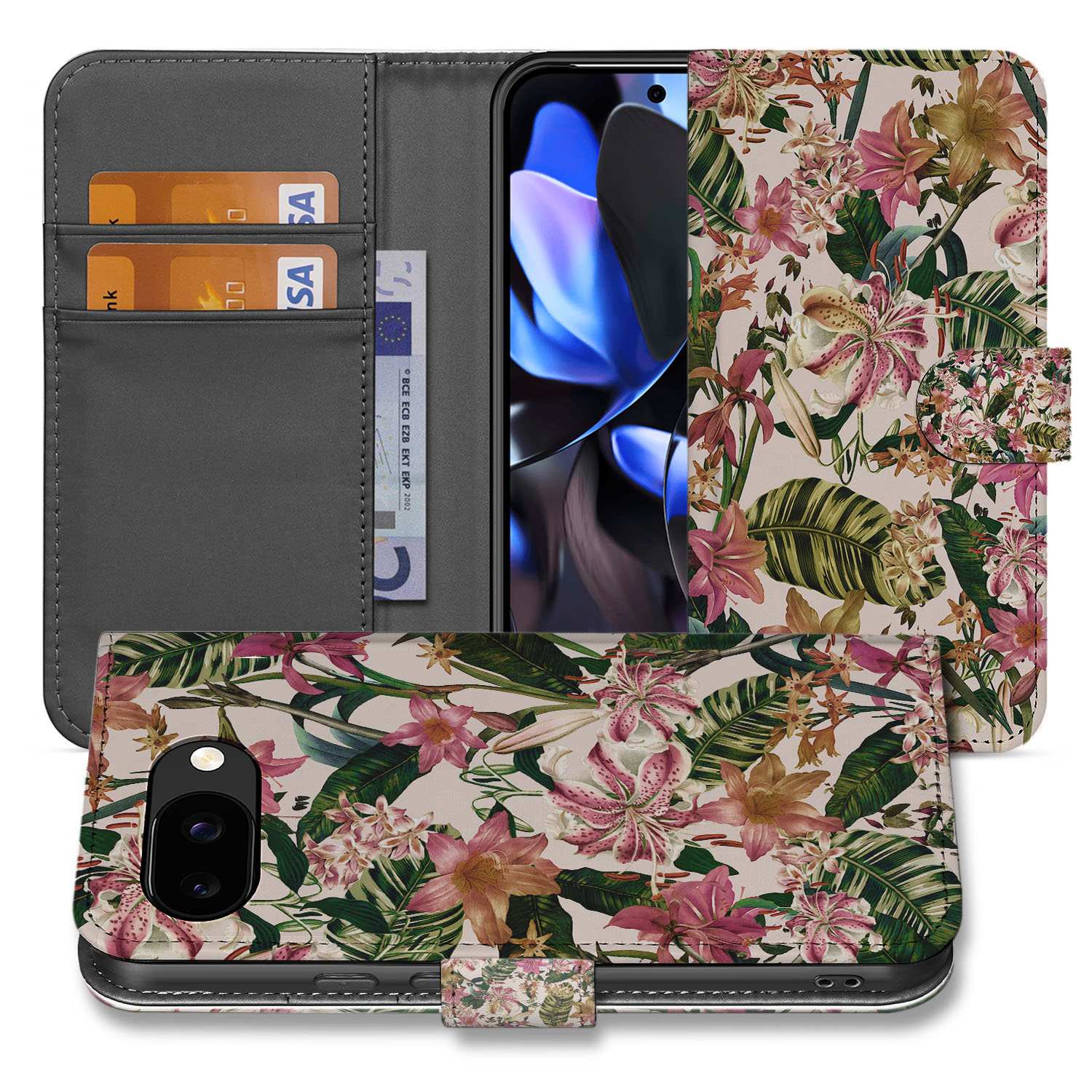 Flowers Google Pixel 9a Book Case En Portemonnee Hoesje Paars-Wit Bloemen Design voorkant binnenkant