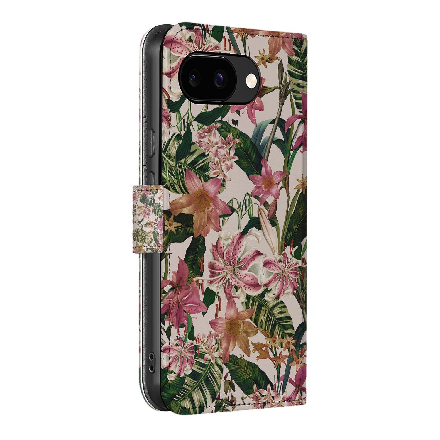 Flowers Google Pixel 9a Book Case En Portemonnee Hoesje Paars-Wit Bloemen Design aanzicht