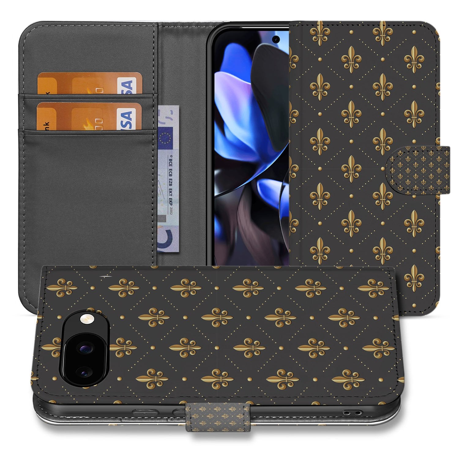 Franse Lelie Google Pixel 9a Book Case & Portemonnee Hoesje donkerbruin fleur de lis design voorkant binnenkant