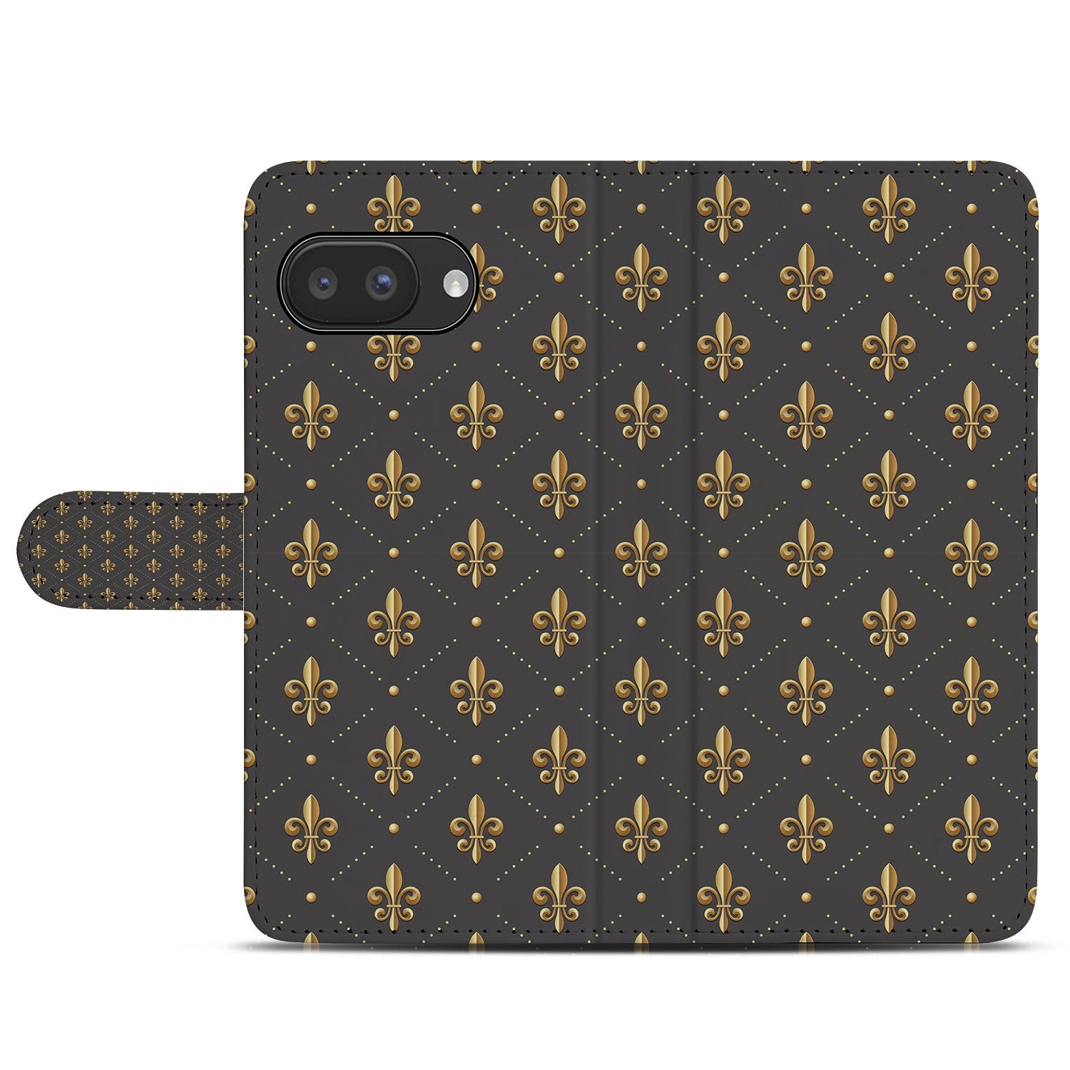 Franse Lelie Google Pixel 9a Book Case & Portemonnee Hoesje design donkerbruin met goudkleurige accenten