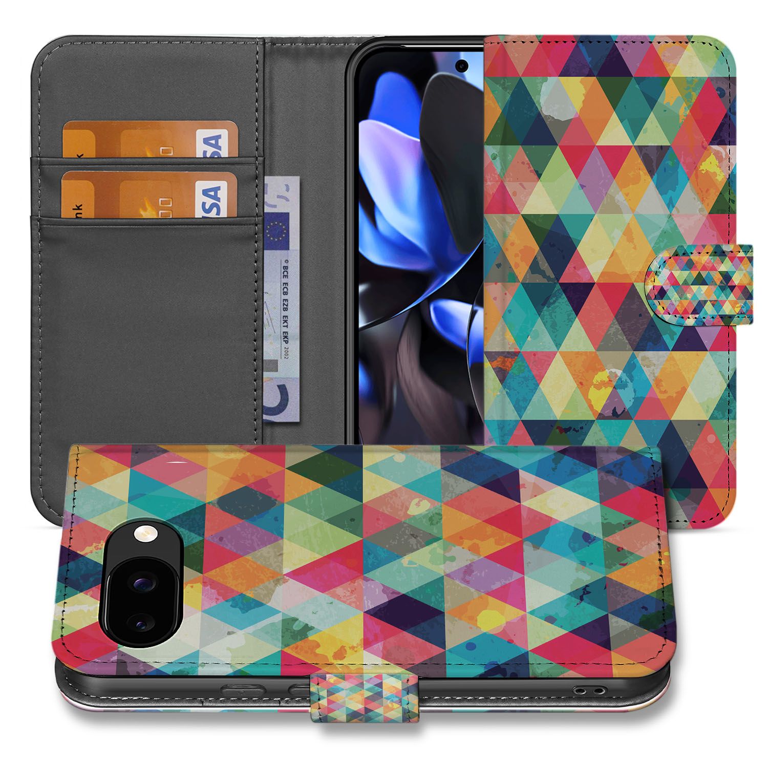 Geruit Google Pixel 9a Book Case Hoesje geometrisch design kleurrijk aanzicht