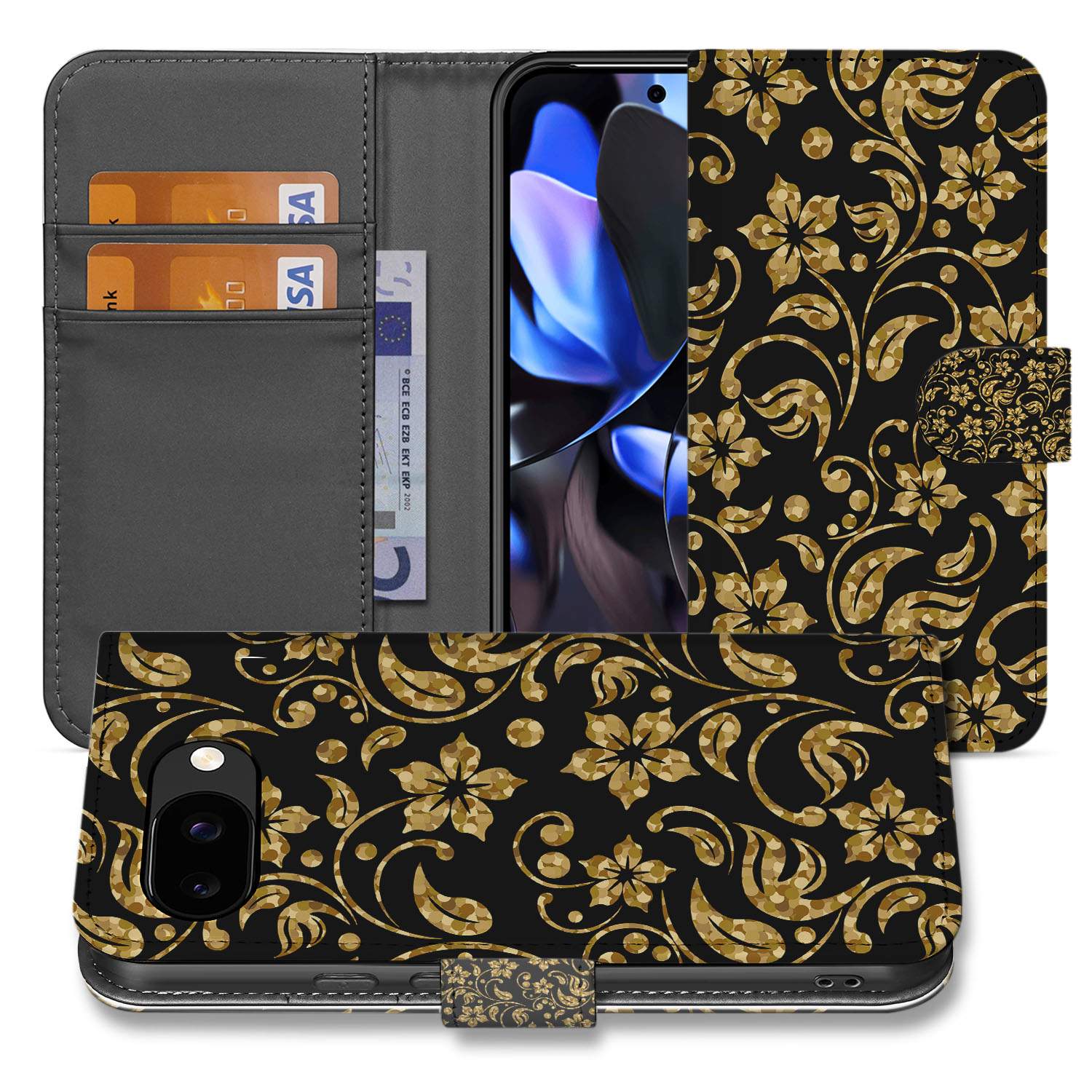 Google Pixel 9a Portemonnee Hoesje Gouden Bloemen zwart elegant