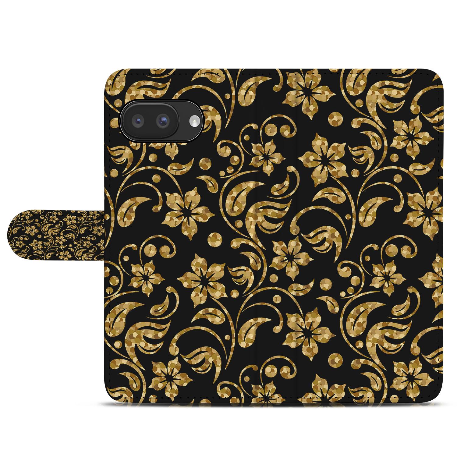 Gouden Bloemen Google Pixel 9a Portemonnee Hoesje boekhoes design zwart gouden bloemen aanzicht