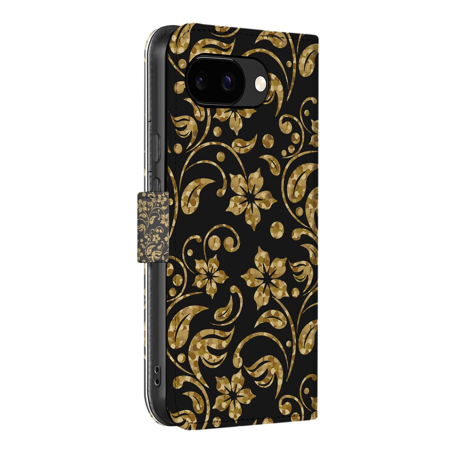 Gouden Bloemen Google Pixel 9a Portemonnee Hoesje boekhoes gouden bloemen zijkant