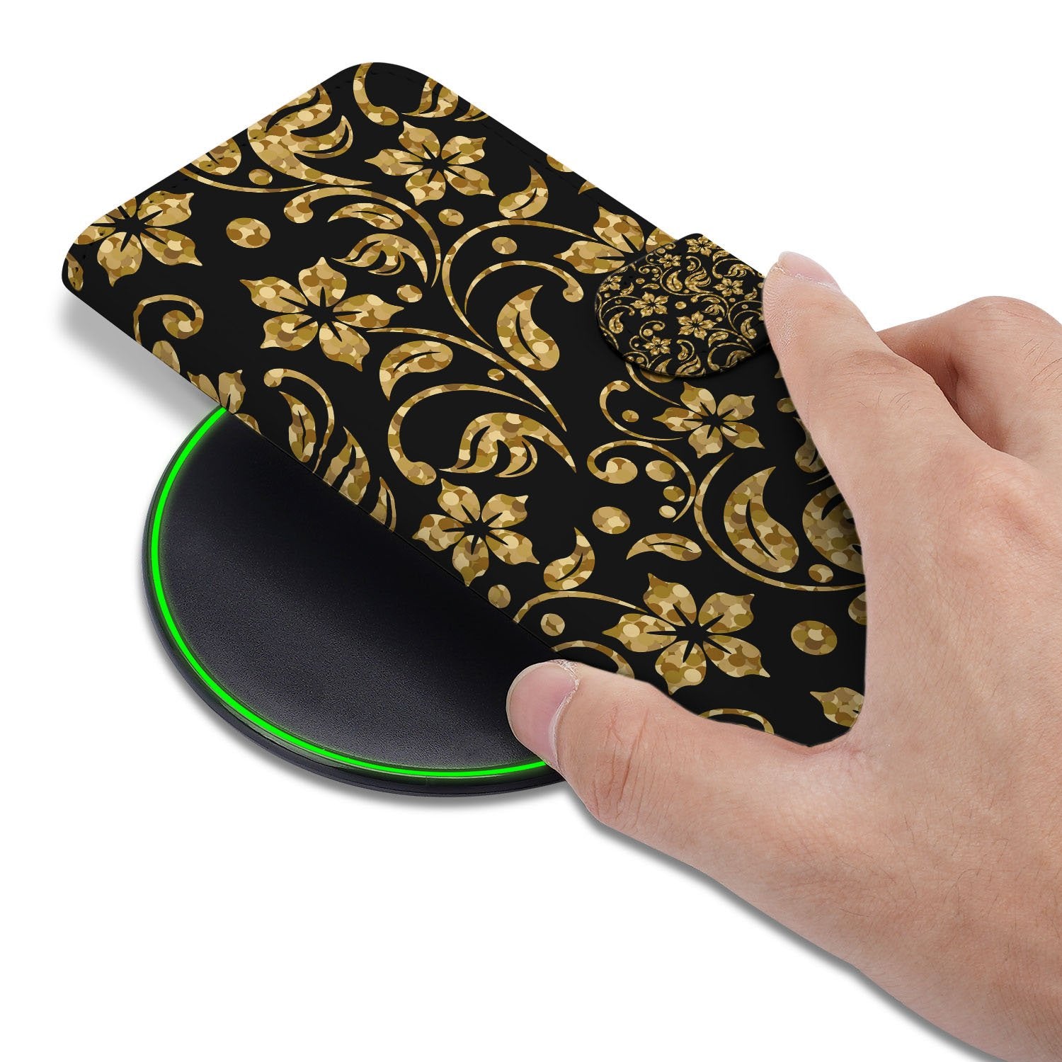 Gouden Bloemen Google Pixel 9a Portemonnee Hoesje design zwart hand