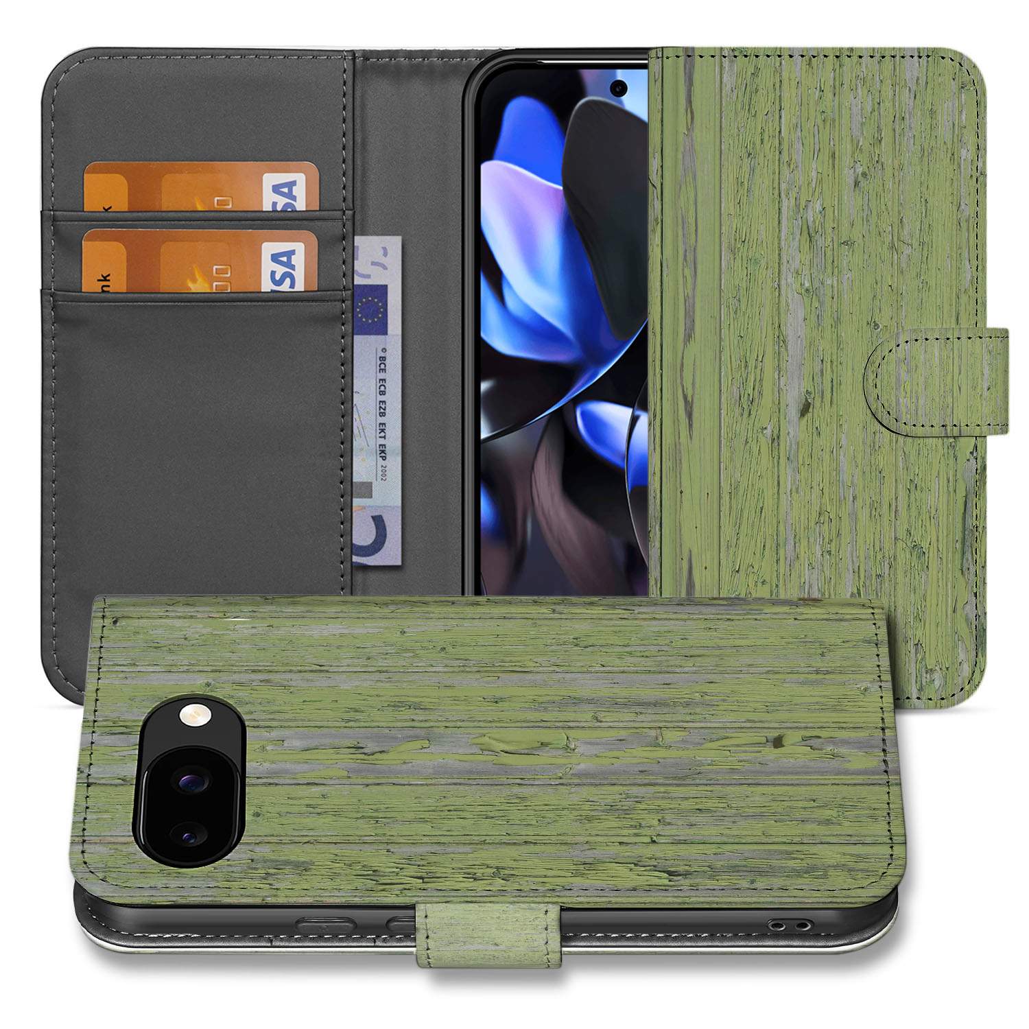 Google Pixel 9a Groen Houtnerf Book Case Portemonnee Hoesje voorkant en binnenkant