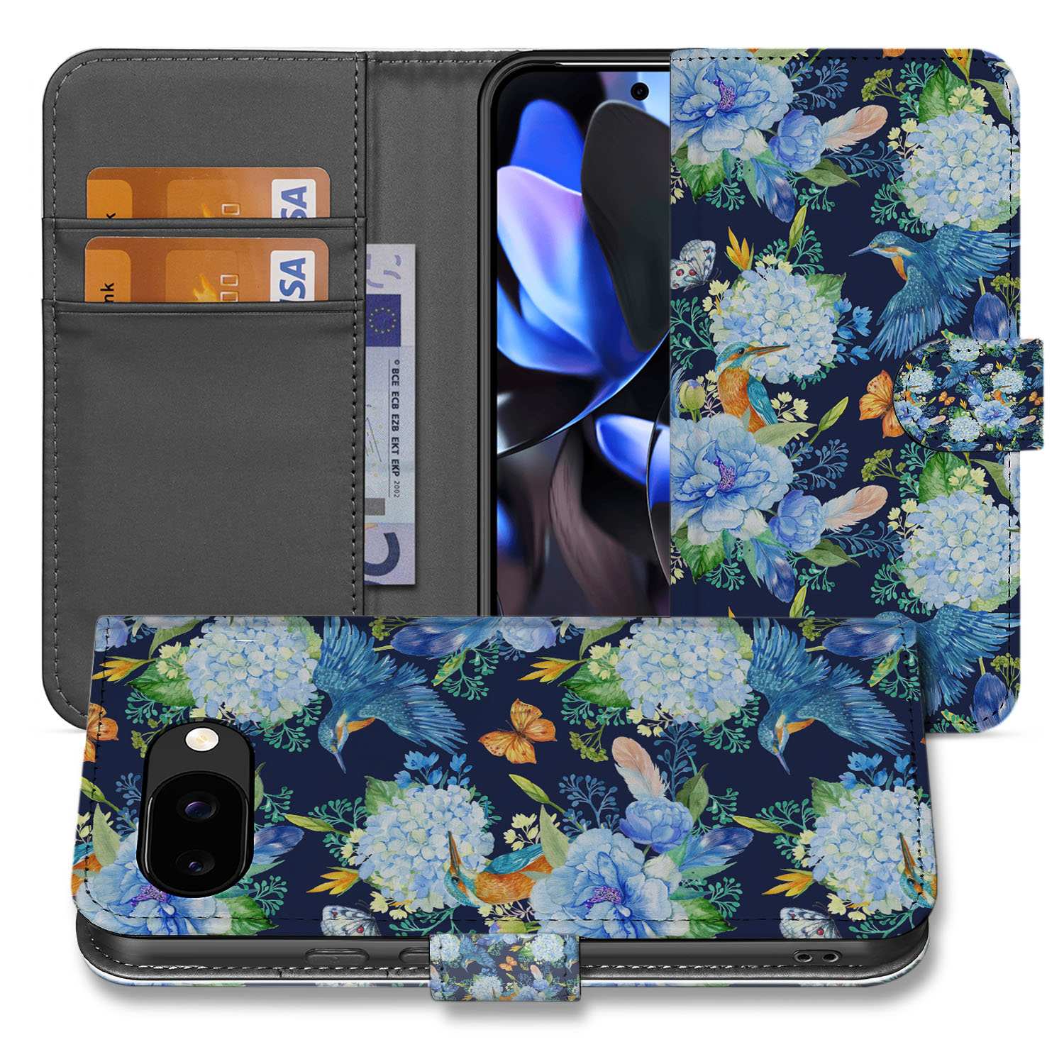 Ijsvogel Google Pixel 9a Book Case Hoesje bloemen ijsvogel donkerblauw portemonnee