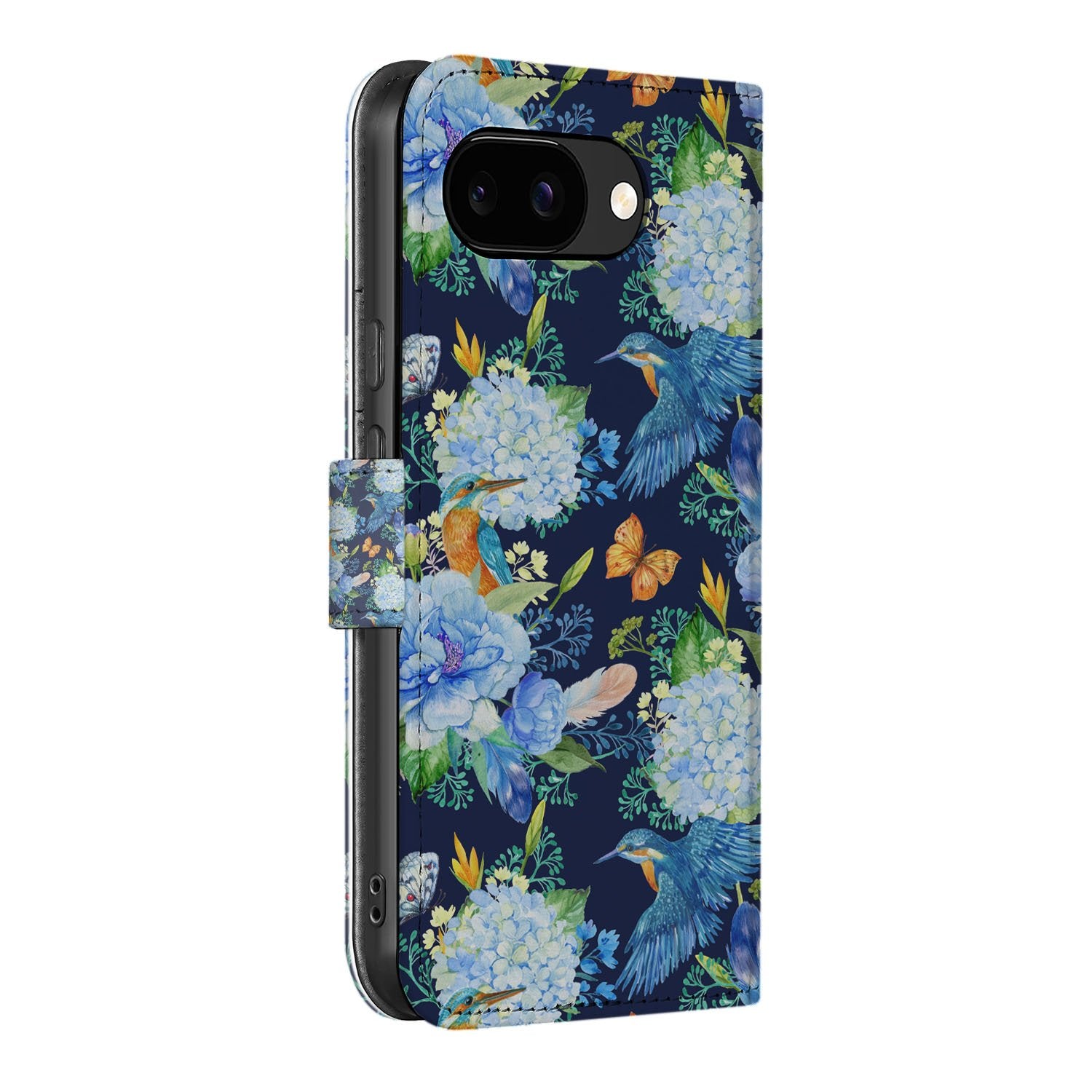 Ijsvogel Google Pixel 9a Book Case Hoesje bloemen ontwerp zijkant