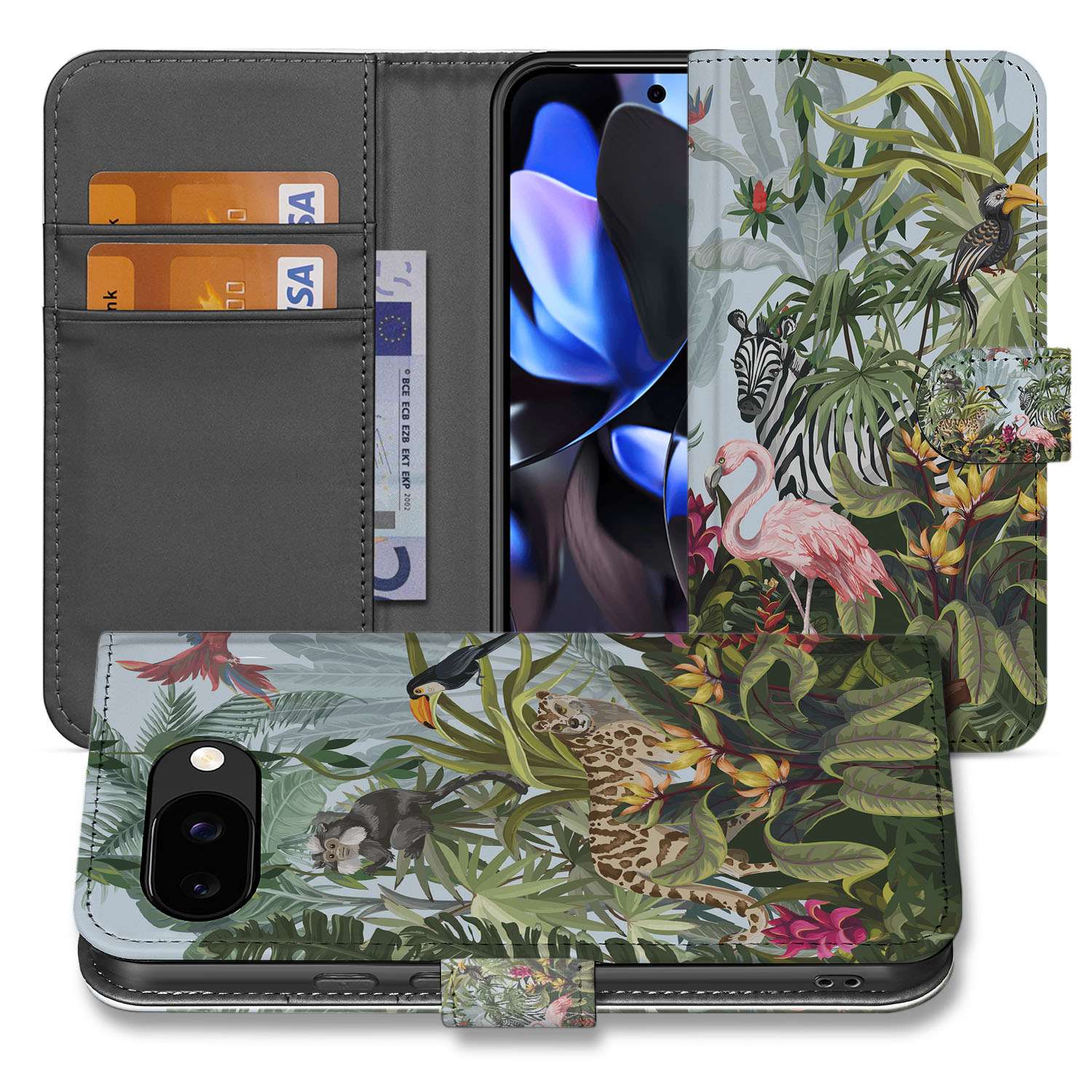 Google Pixel 9a Book Case Portemonnee Hoesje Jungle Design aanzicht