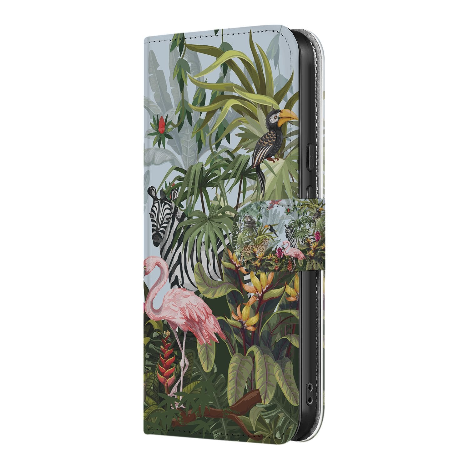 Google Pixel 9a Book Case & Portemonnee Hoesje Jungle Design zijaanzicht jungle-print flamingo zebra luipaard