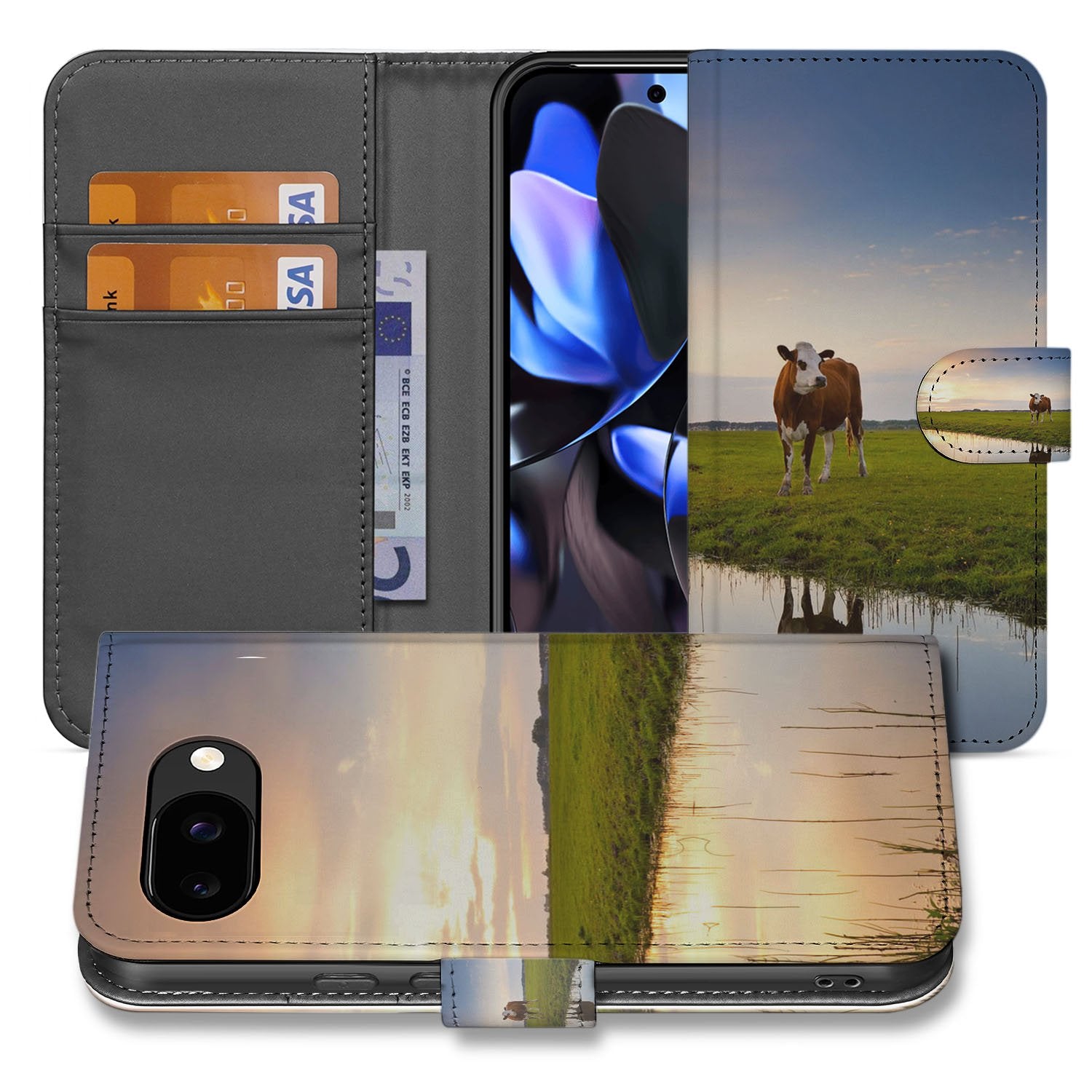 Book Case Portemonnee Hoesje Google Pixel 9a Koeienprint Zwart-Wit vooraan en zijaanzicht met open flap en kaarten