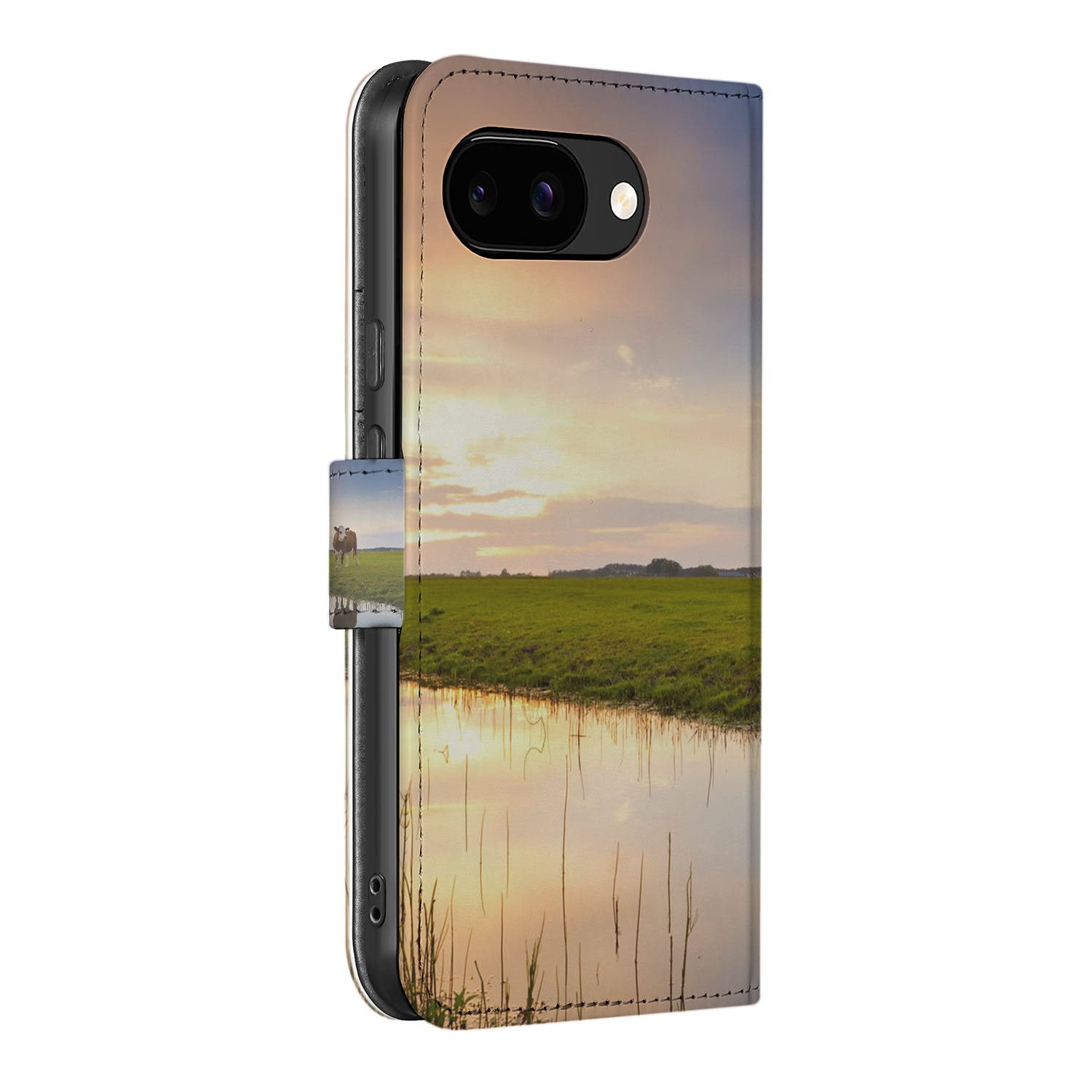 Google Pixel 9a Book Case Portemonnee Hoesje Zonsopgang Groene Velden