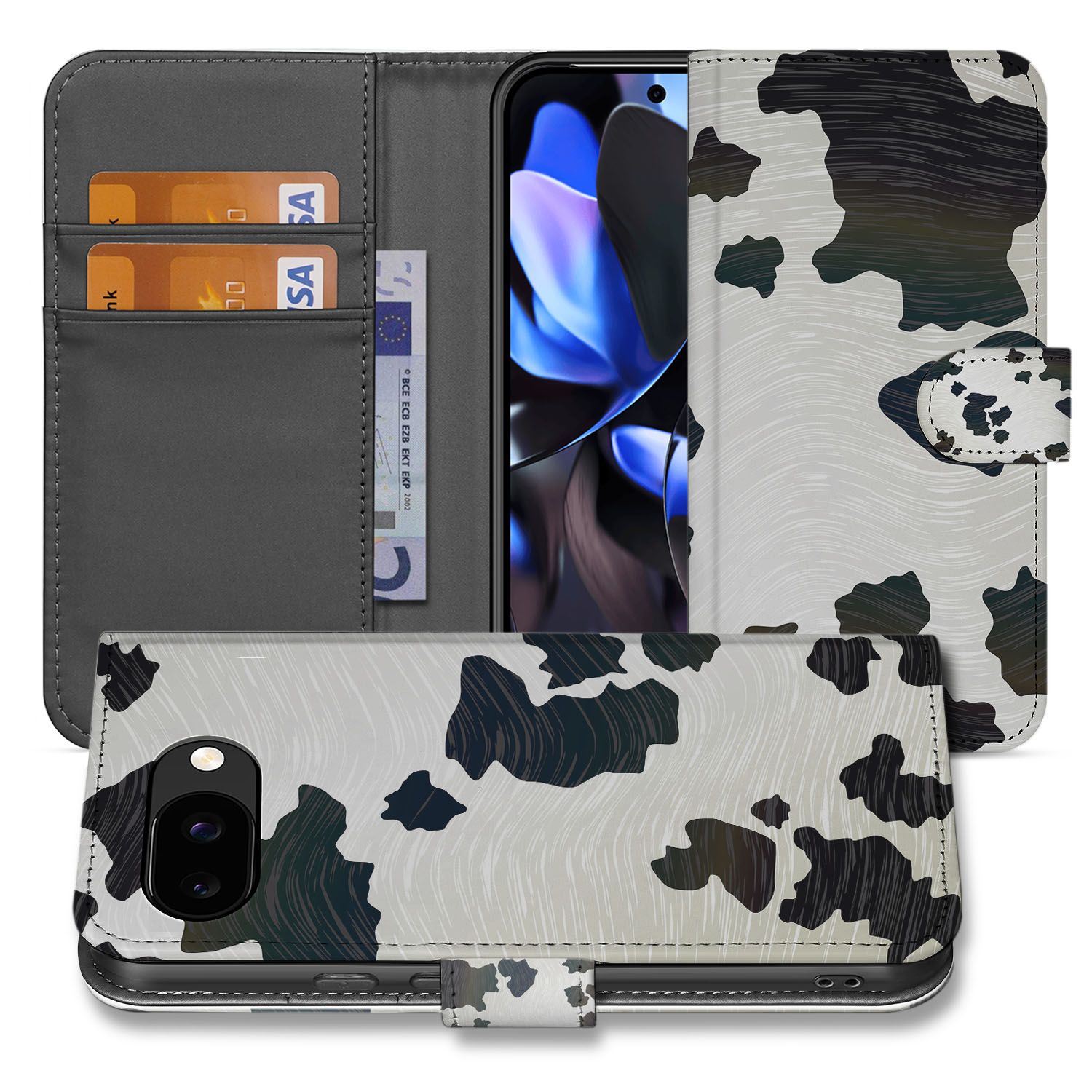 Koeienvlekken Google Pixel 9a Book Case Hoesje voorkant achterzijde
