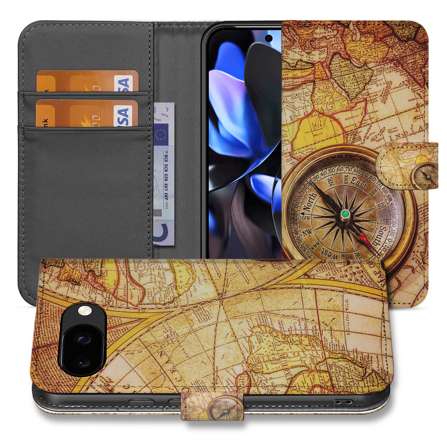 Book Case Portemonnee Hoesje Google Pixel 9a Kompas designkompas aanzicht