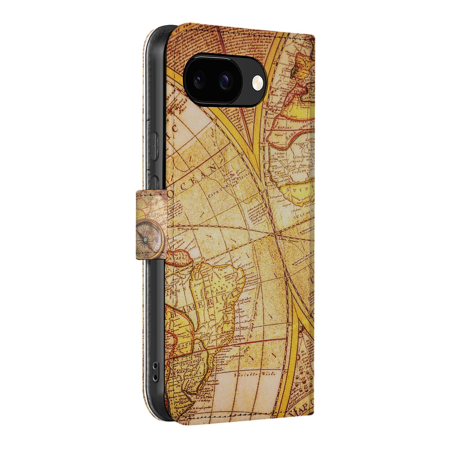 Book Case Portemonnee Hoesje Google Pixel 9a Kompas wereldkaart design zijaanzicht