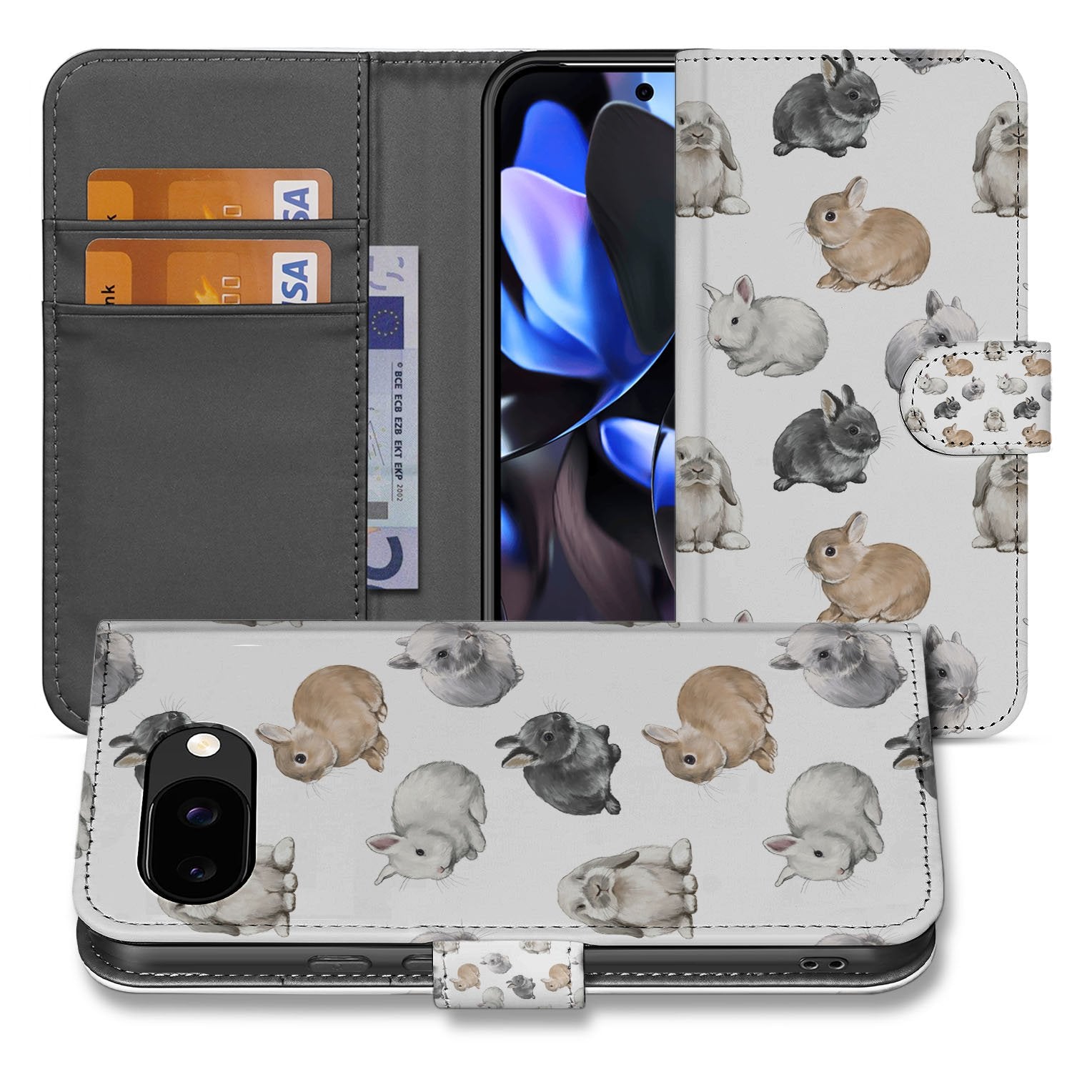 Konijntjes Google Pixel 9a Portemonnee Hoesje boekcase konijntjesprint voorkant