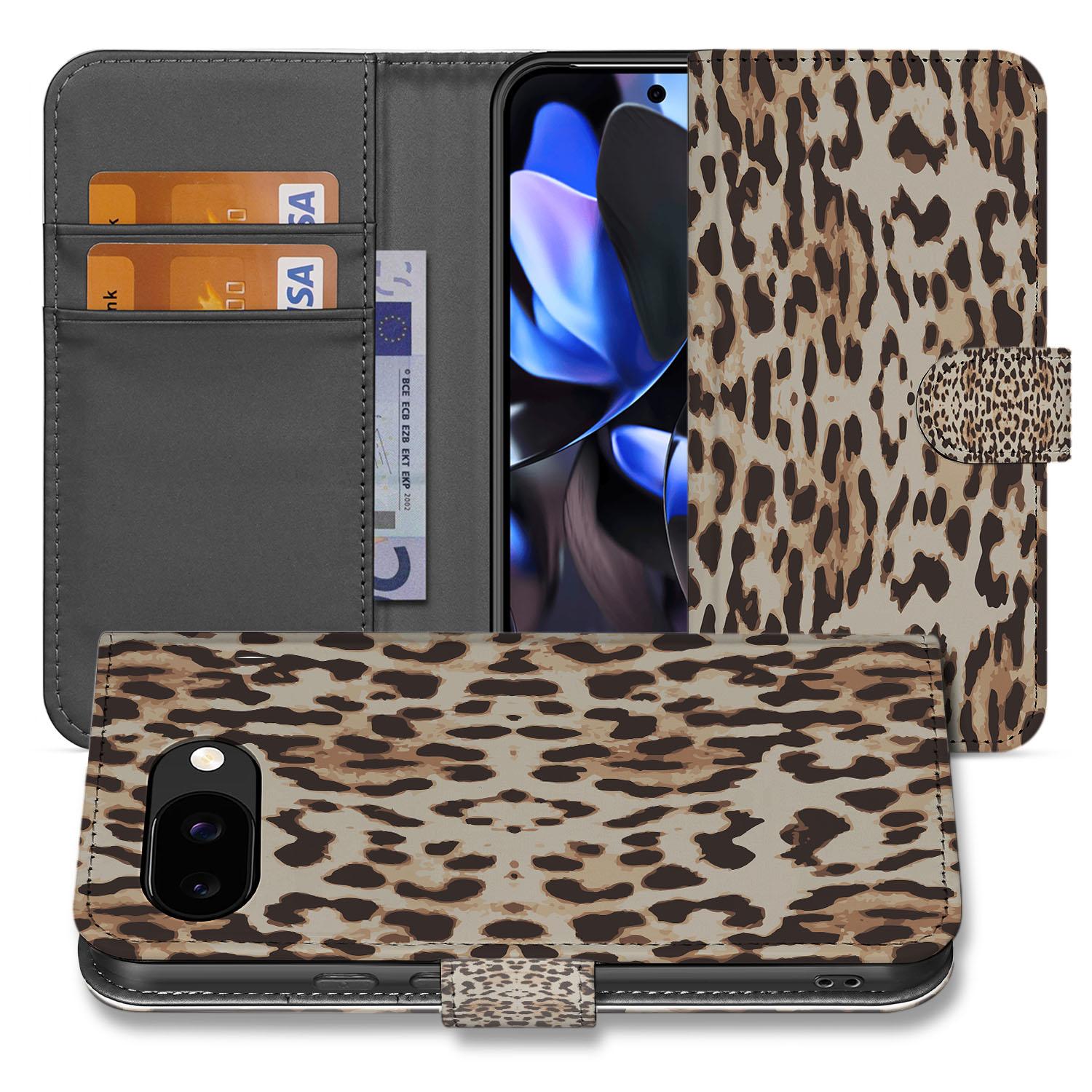 Leopard Google Pixel 9a Book Case En Portemonnee Hoesje leopard print voorkant en achterkant