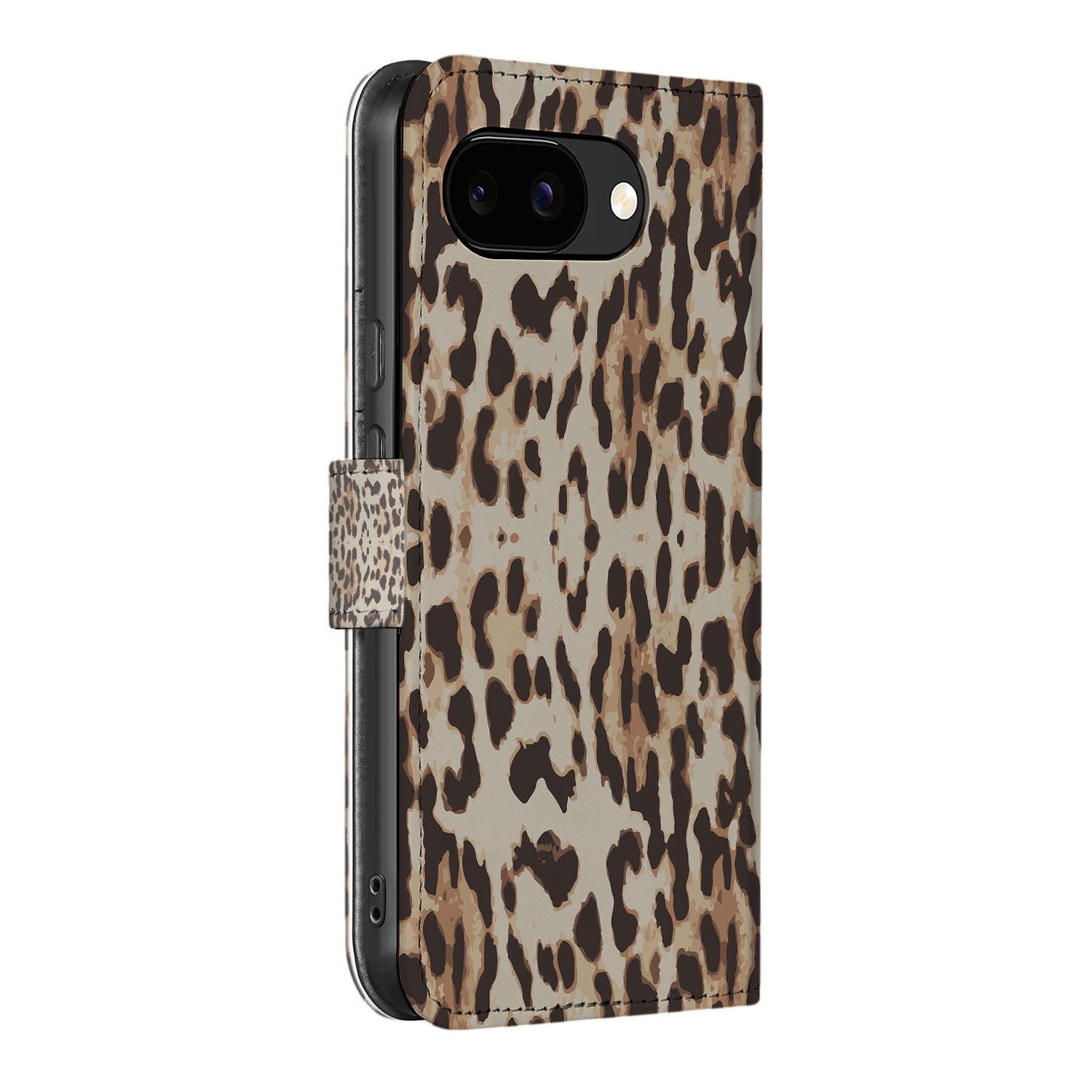 Leopard Google Pixel 9a Book Case En Portemonnee Hoesje leopard print zijaanzicht