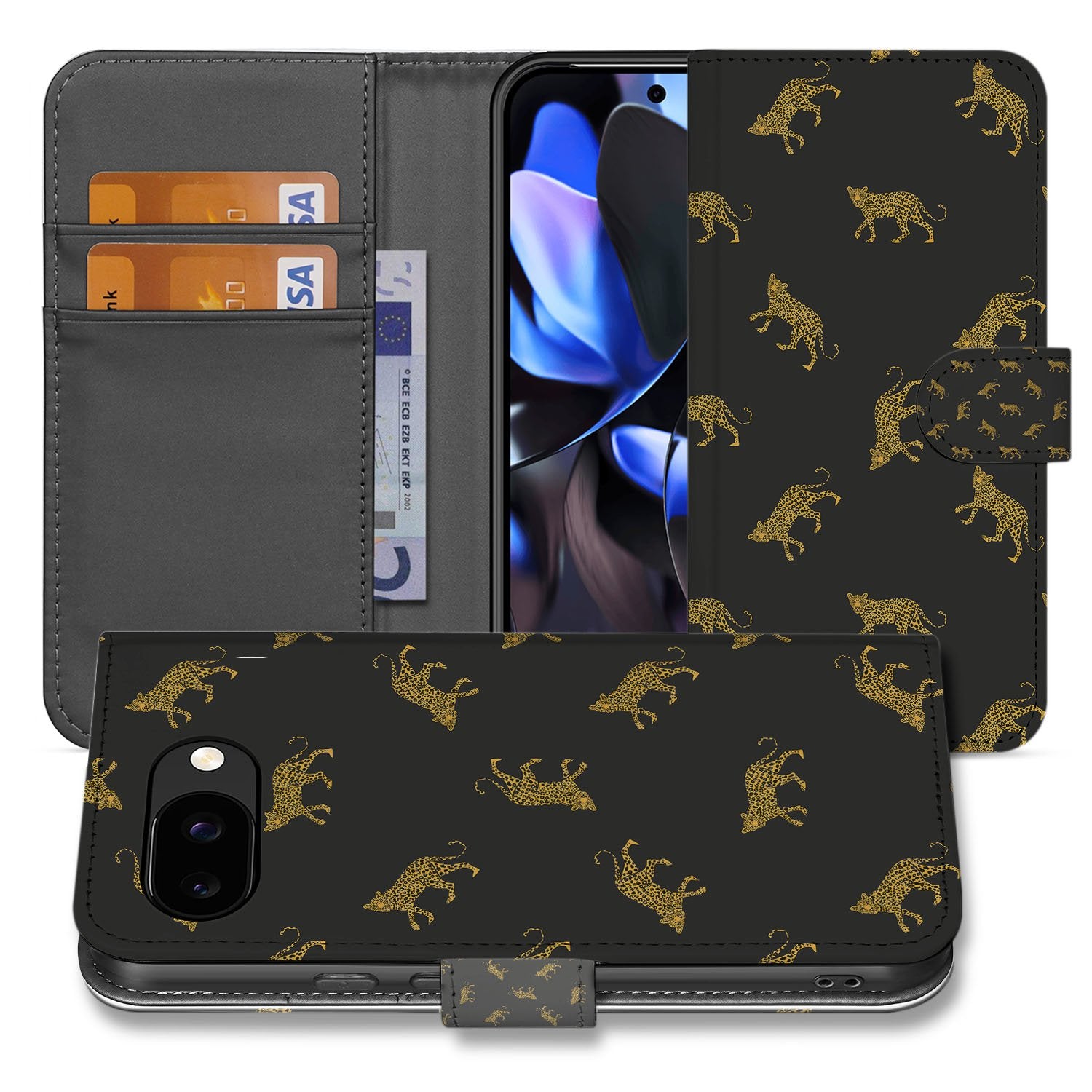 Luipaardprint Google Pixel 9a Book Case Portemonnee Hoesje designnaam vooraanzicht