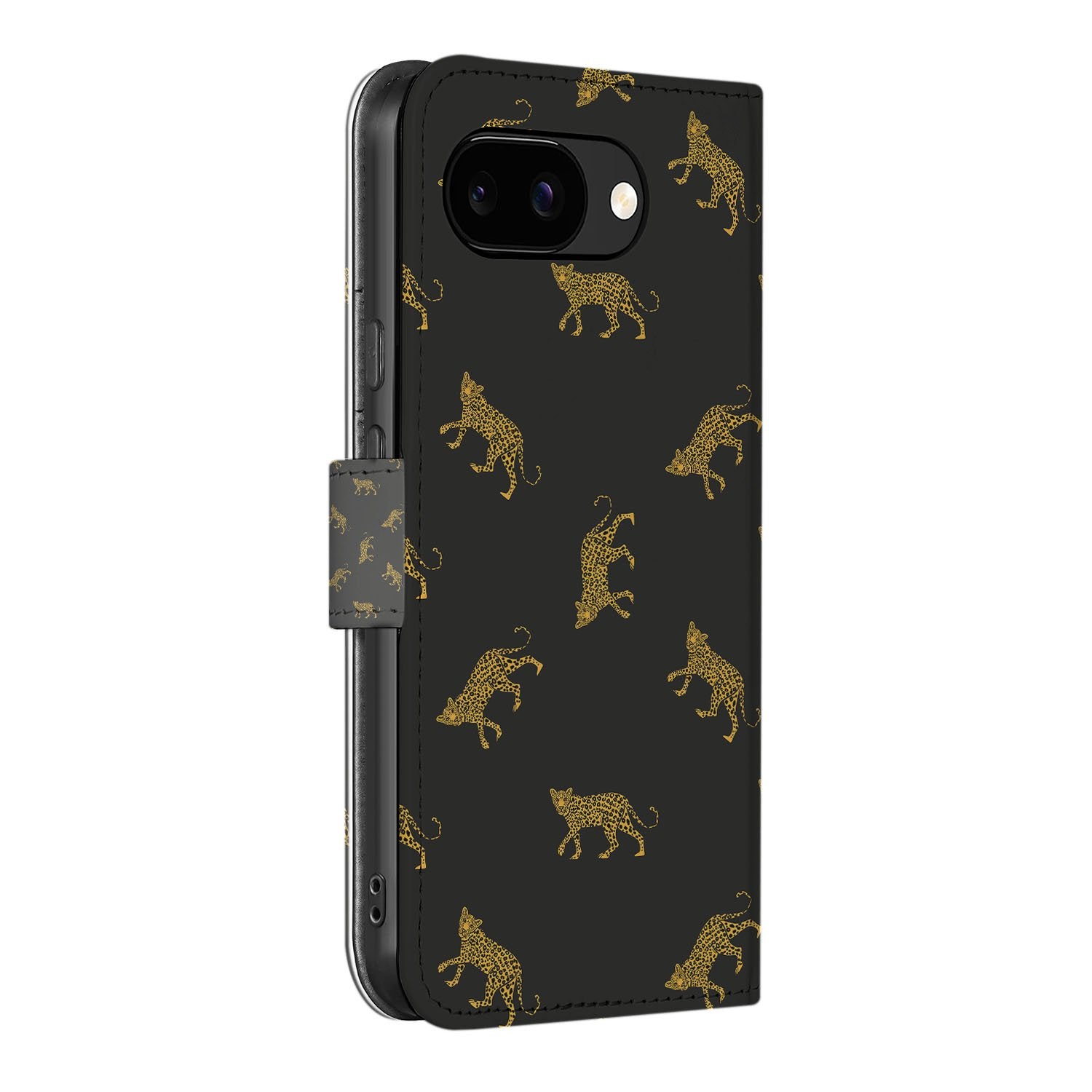Luipaardprint Google Pixel 9a Book Case Portemonnee Hoesje zwart goud luipaard patroon