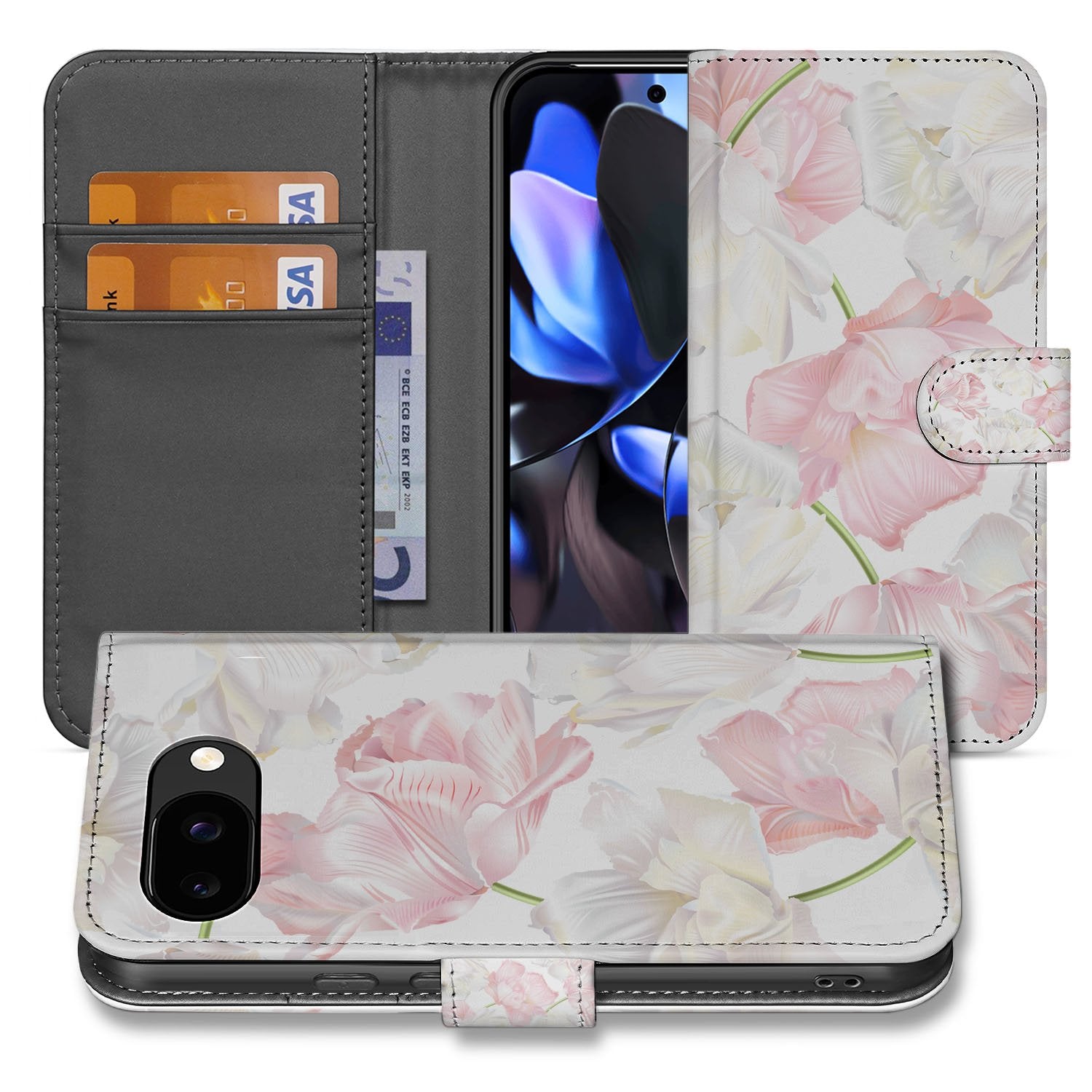 Google Pixel 9a Book Case Hoesje Lovely Flowers voorkant binnenkant