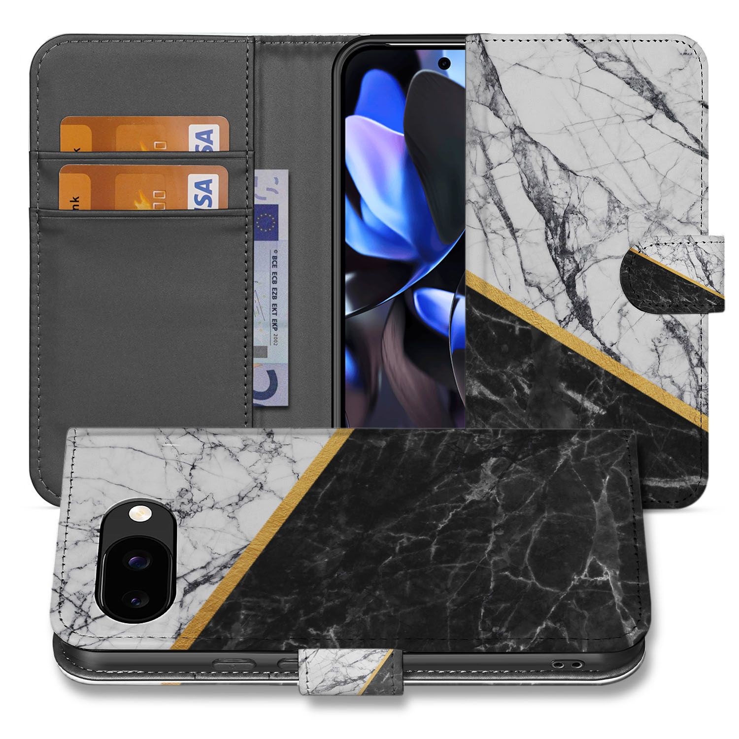Marmer Wit Zwart Met Gouden Lijn Pixel 9a Book Case Hoesje vooraanzicht