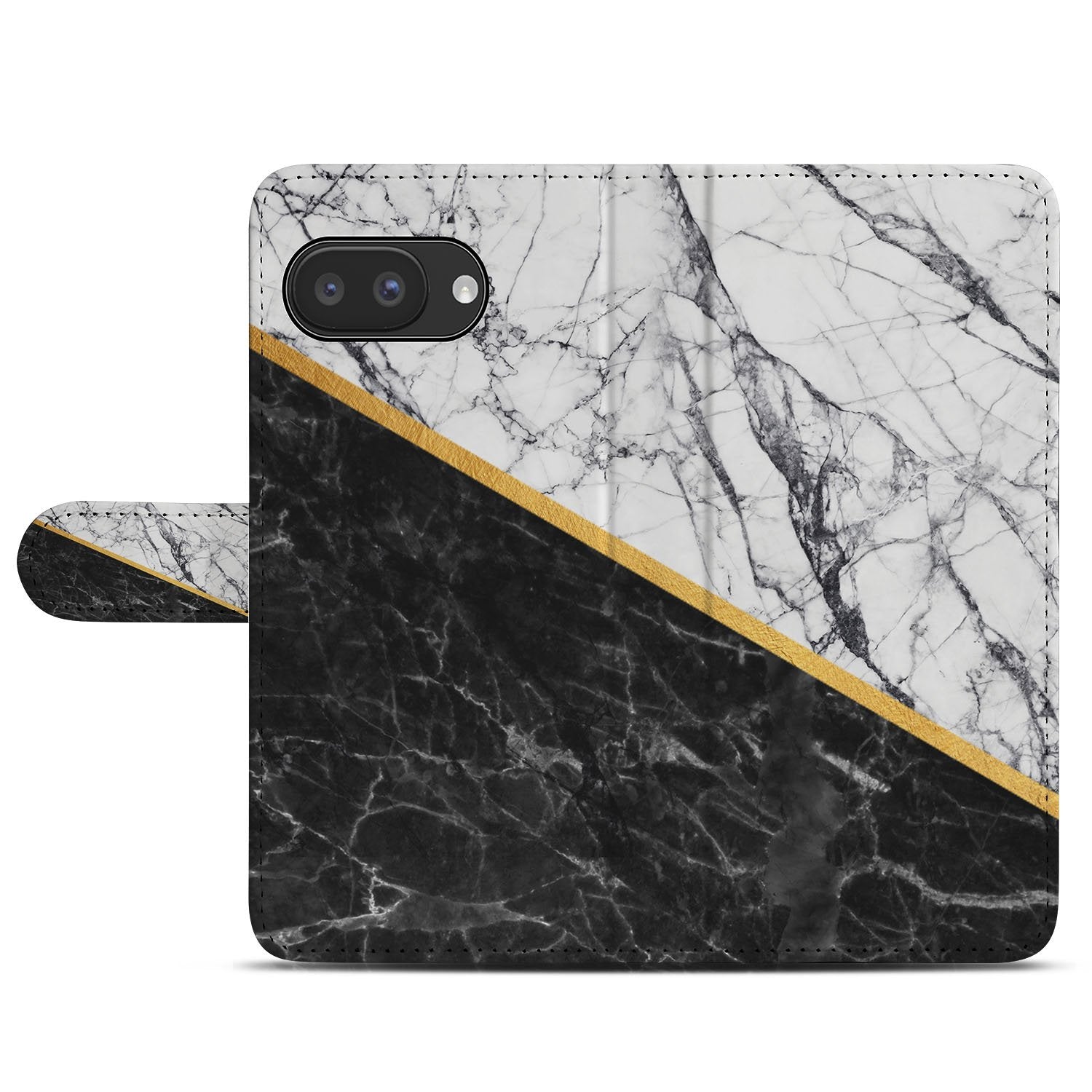 Marmer Wit Zwart Met Gouden Lijn Pixel 9a Book Case Hoesje design elegant aanzicht