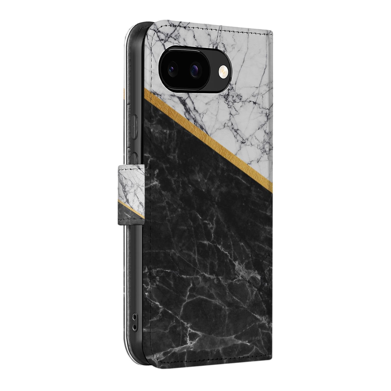 Marmer Wit Zwart Met Gouden Lijn Pixel 9a Book Case Hoesje zijkant