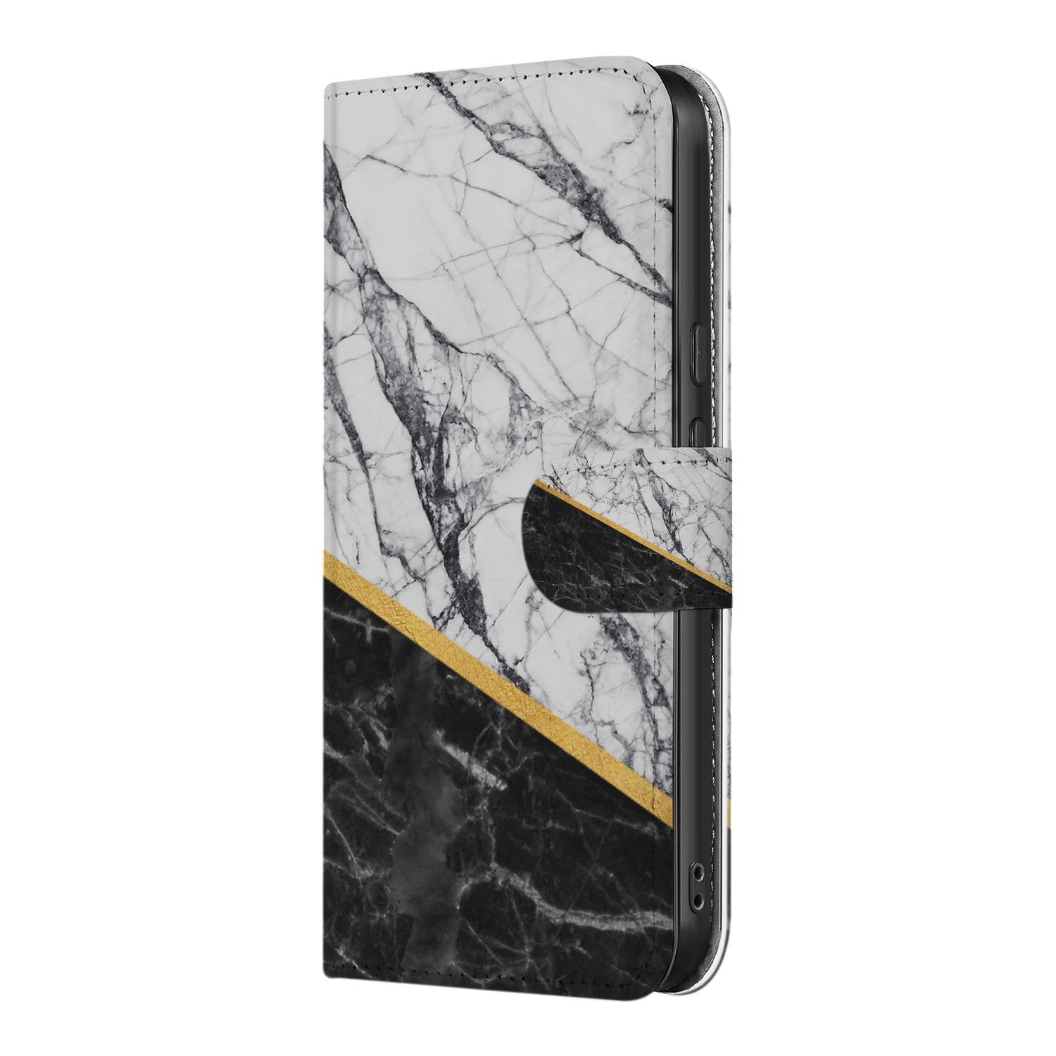 Marmer Wit Zwart Met Gouden Lijn Pixel 9a Book Case Hoesje zijaanzicht