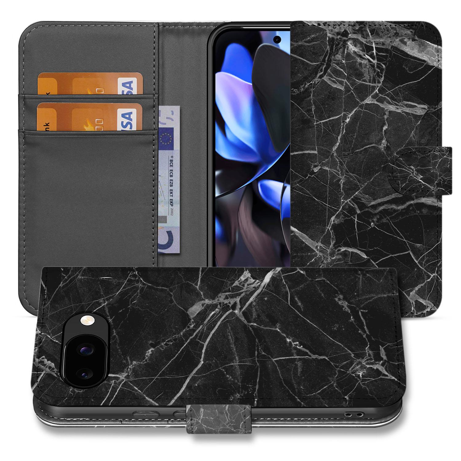 Donker Marmer Google Pixel 9a Bookcase Hoesje design zwart aanzicht