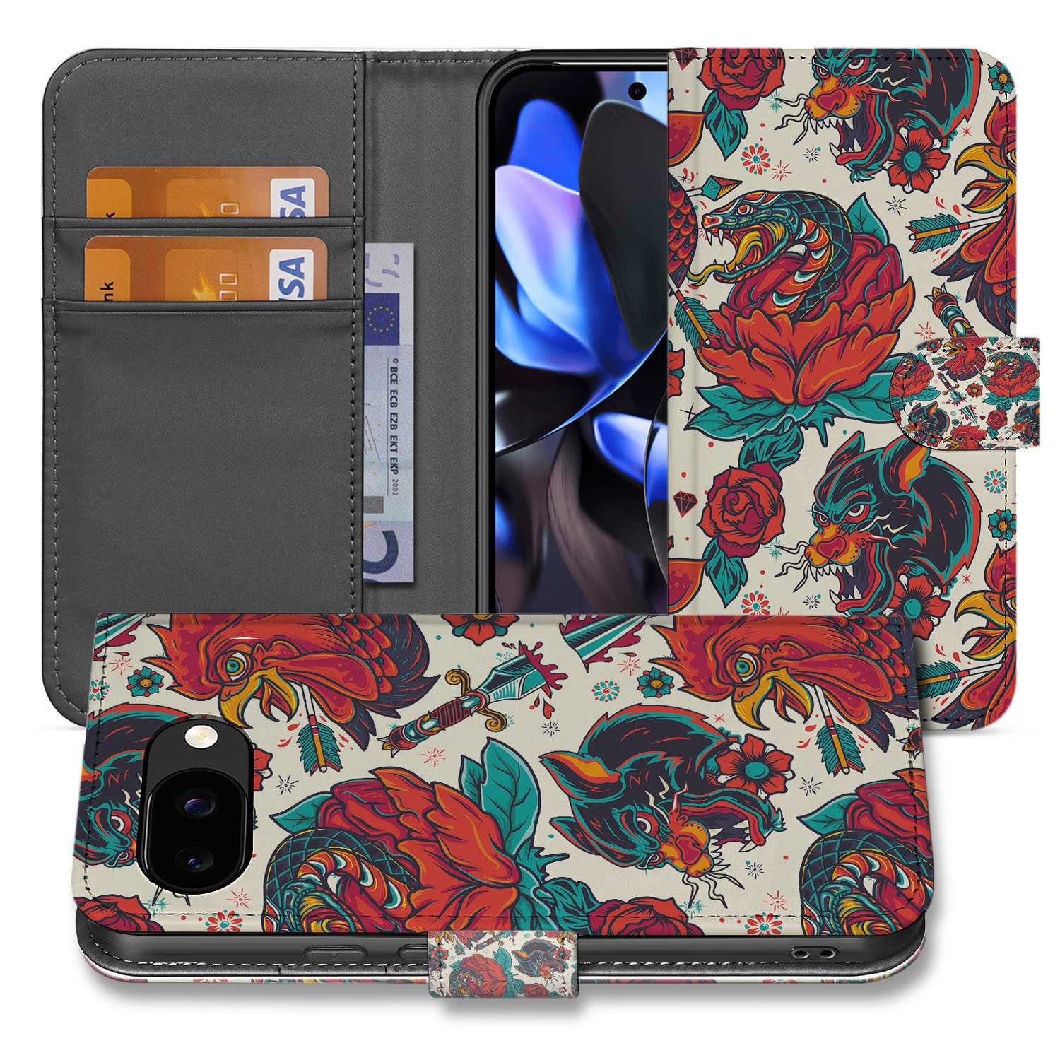 Google Pixel 9a Book Case & Portemonnee Hoesje Old Skool tattoo luxe voorzijde en achterzijde
