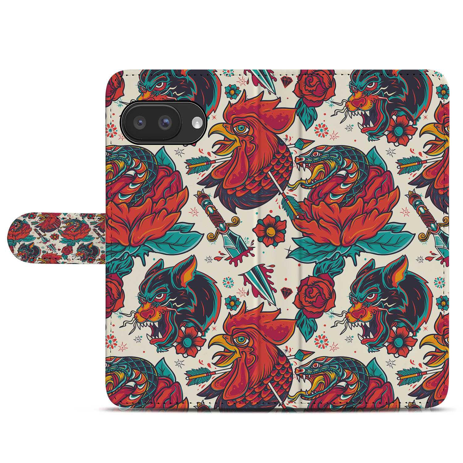 Book Case & Portemonnee Hoesje Google Pixel 9a | Old Skool tattoo vintage design voorkant