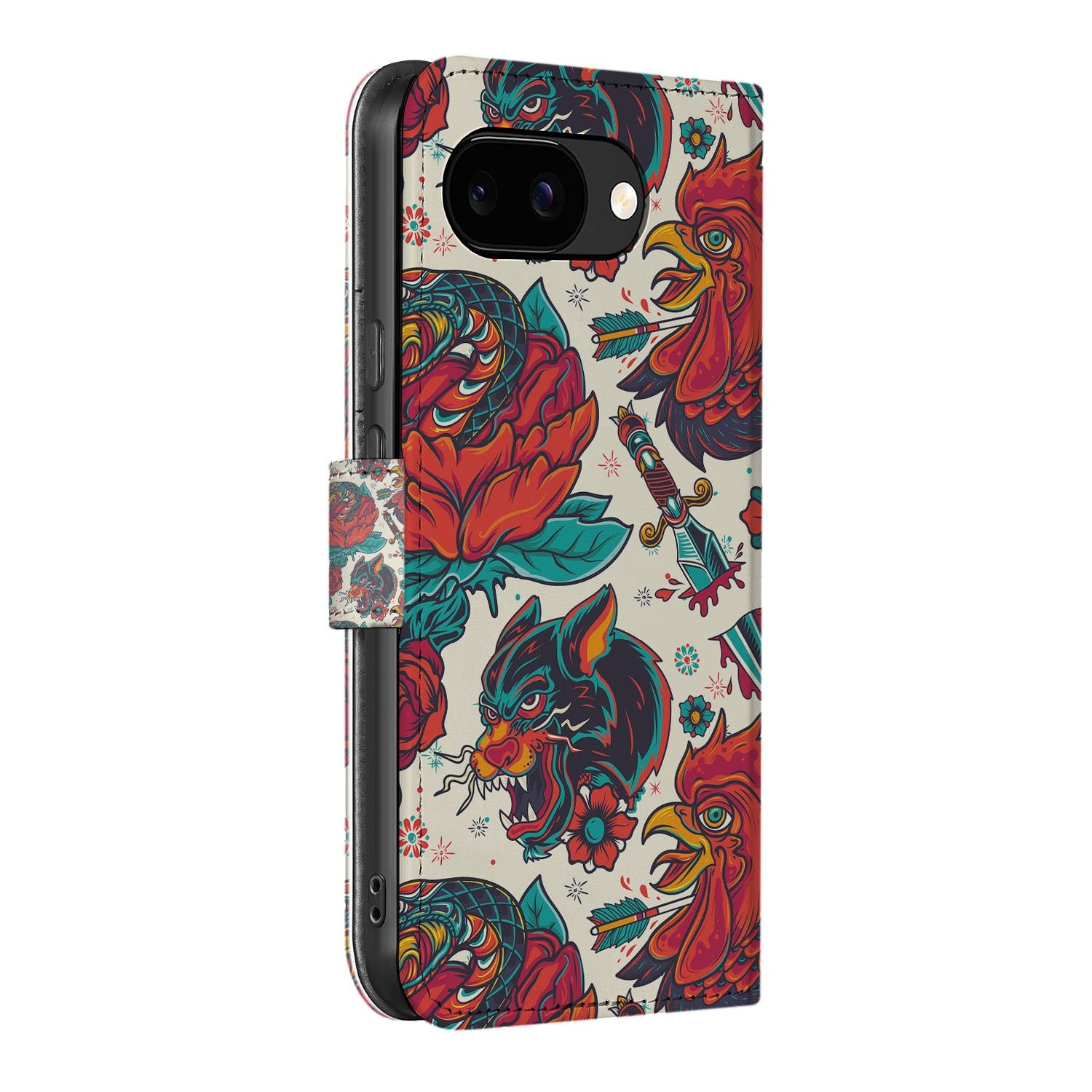 Google Pixel 9a Book Case & Portemonnee Hoesje Old Skool tattoo design zijkant