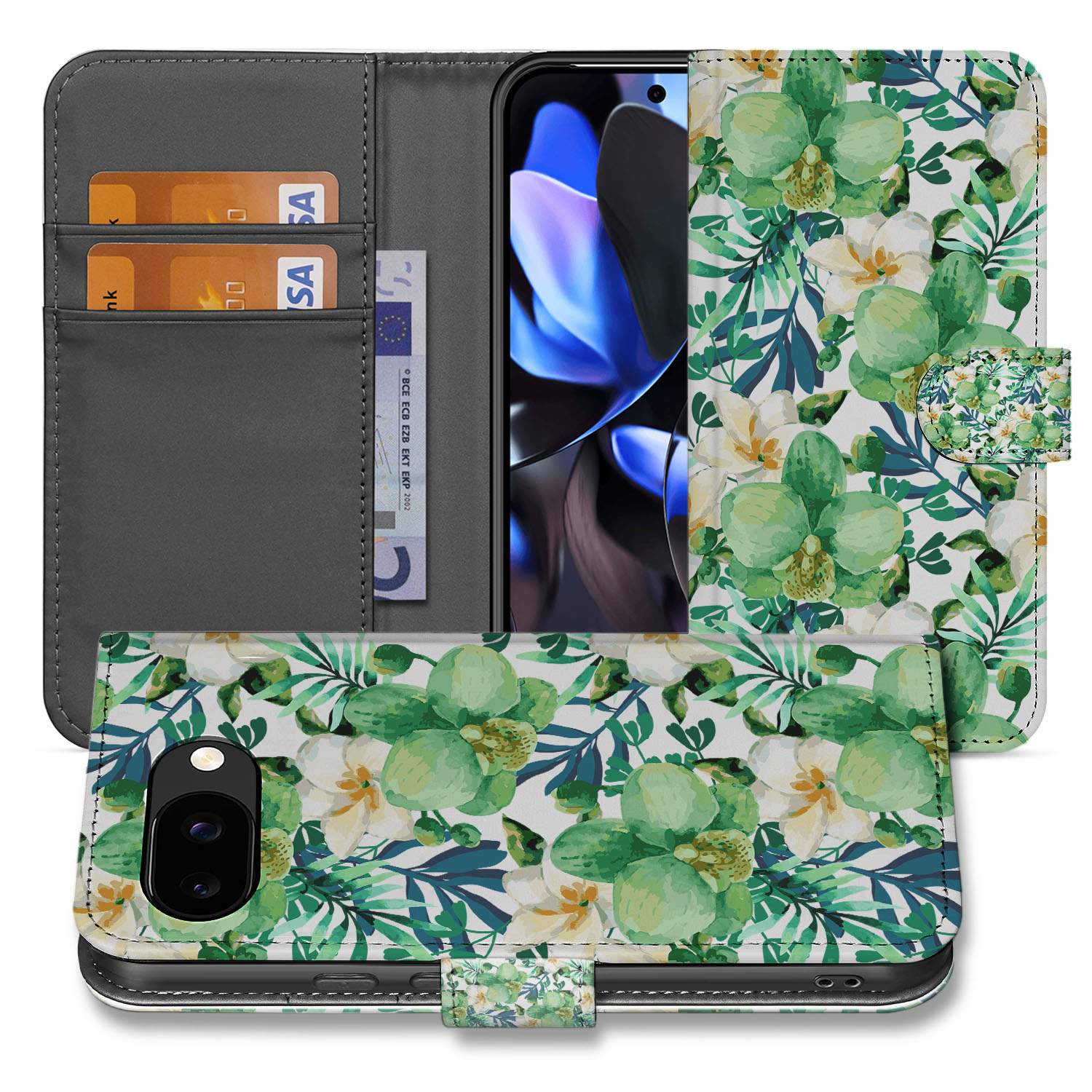 Book Case Google Pixel 9a Orchidee Groen Portemonnee Hoesje groen wit bloemen design voorkant achterkant