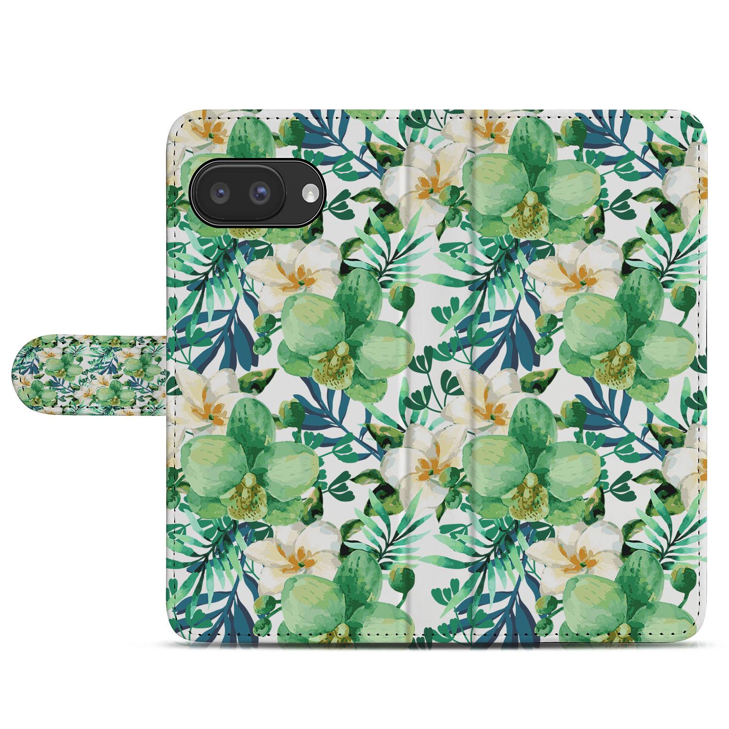 Book Case Google Pixel 9a Orchidee Groen Portemonnee Hoesje bloemenprint design voorkant