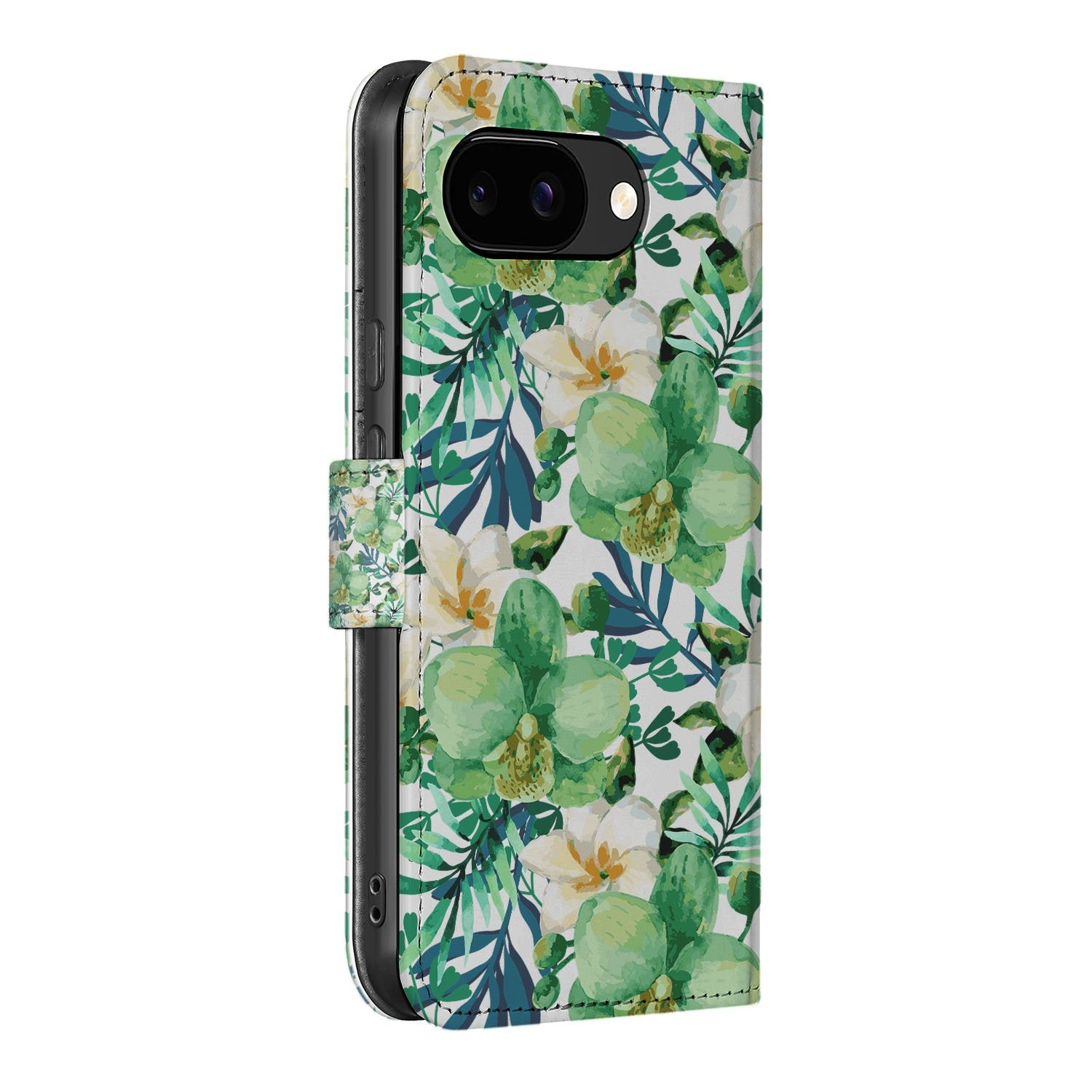Book Case Google Pixel 9a Orchidee Groen Portemonnee Hoesje design Orchidee Groen aanzicht