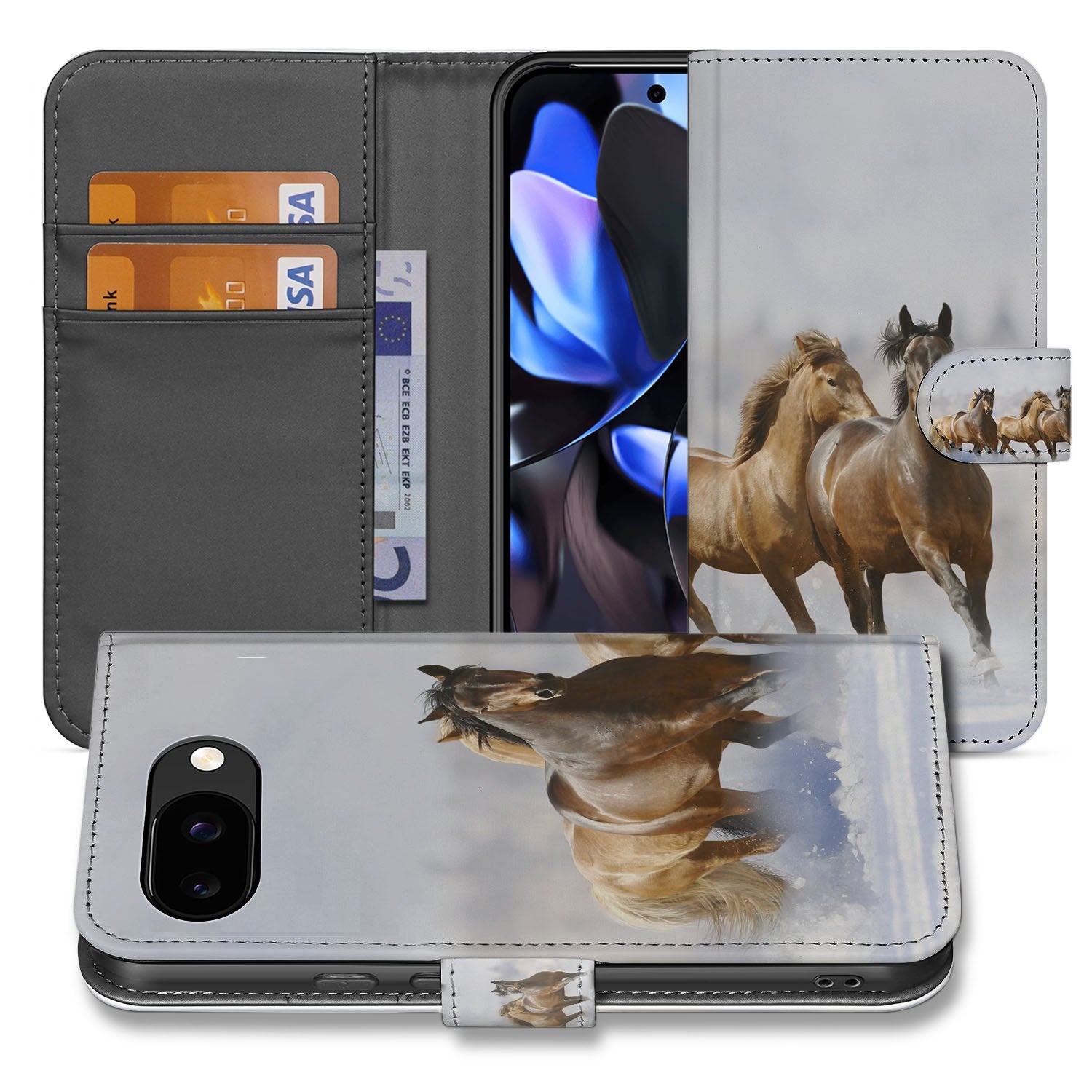Paarden Motief Book Case Google Pixel 9a Luxe Portemonnee Hoesje Met Binnenvak En Pashouders ontwerp voorkant