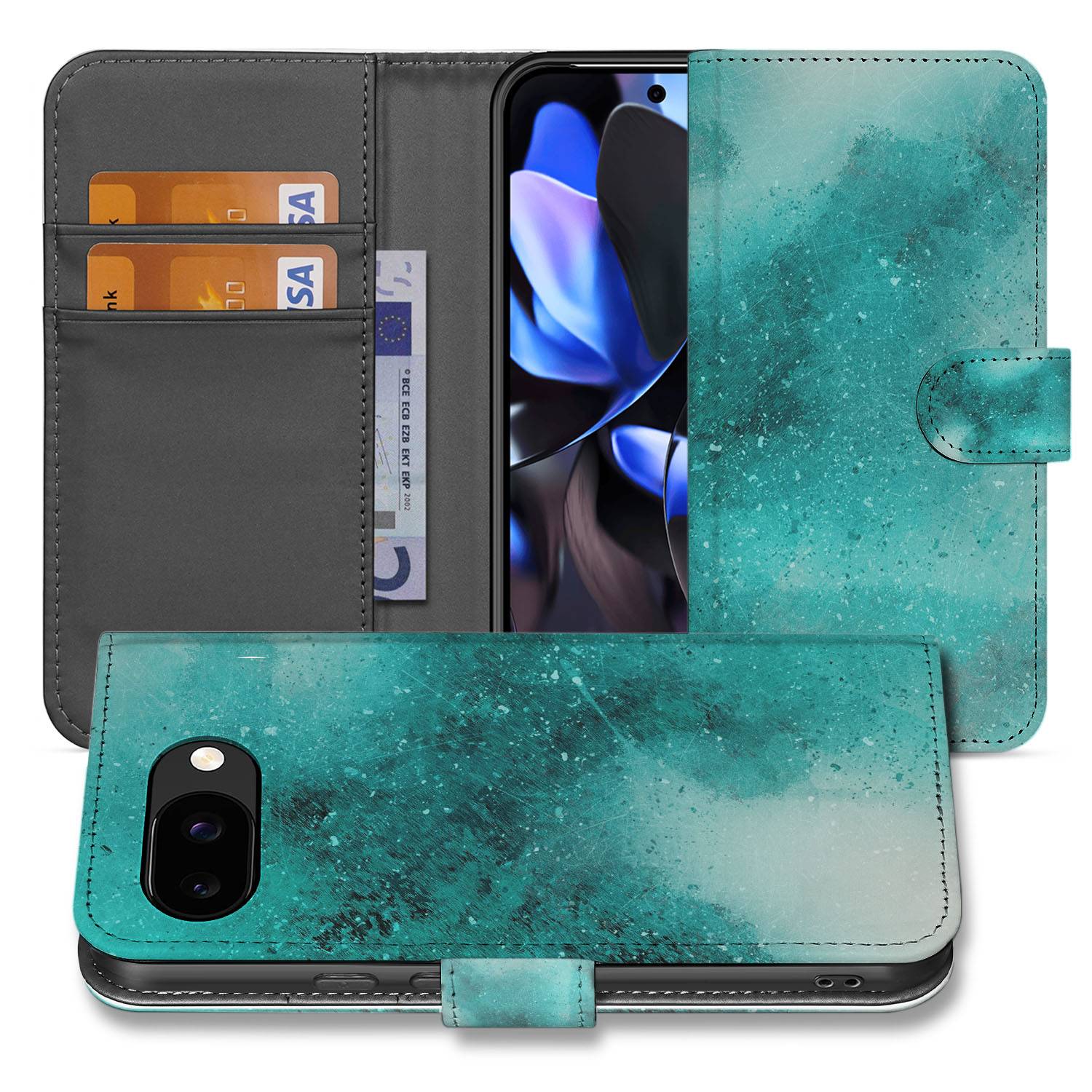 Google Pixel 9a Painting Blue Bookcase Hoesje voorzijde en achterzijde