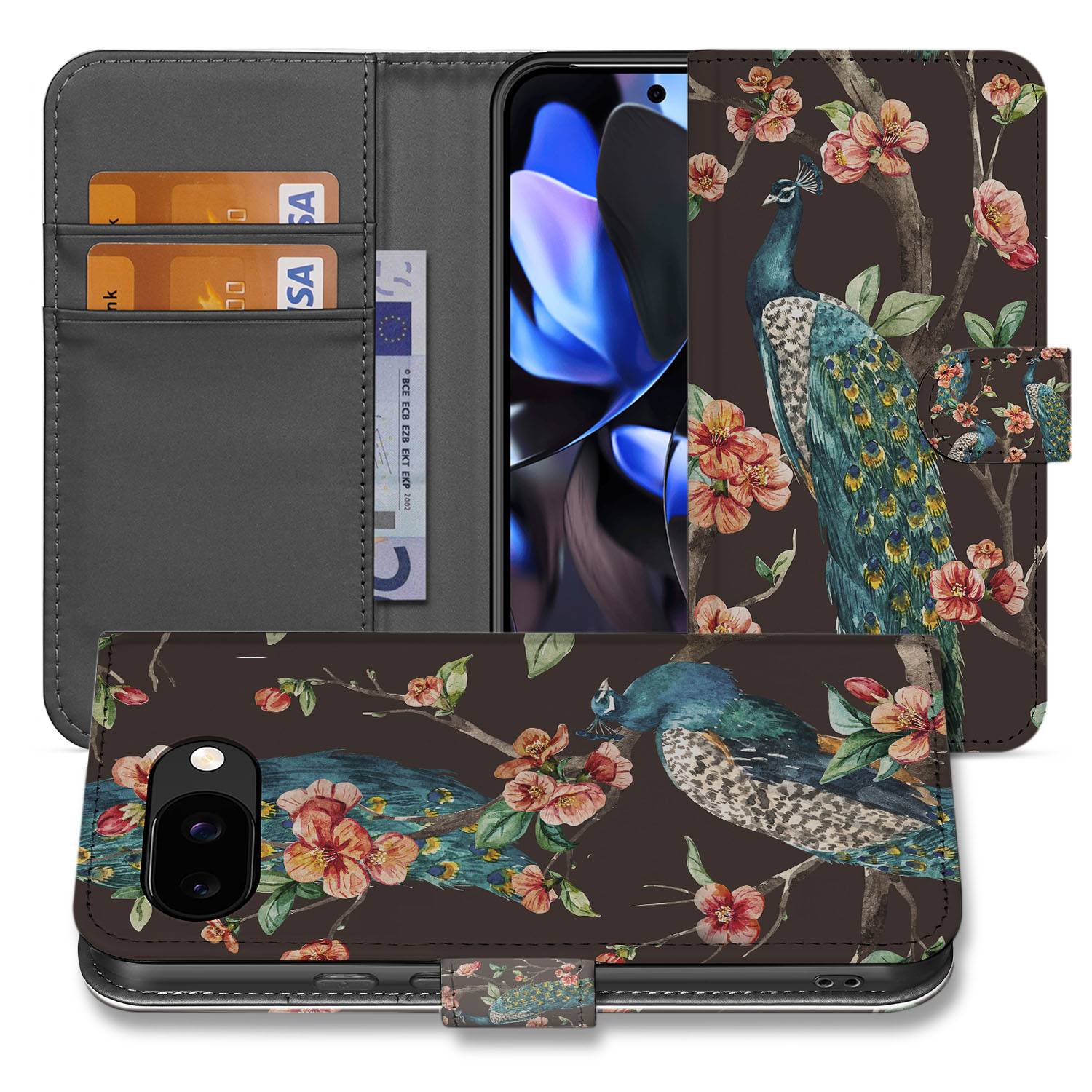 Bookcase Hoesje Google Pixel 9a Pauw Bloemen Print voorkant binnenzijde