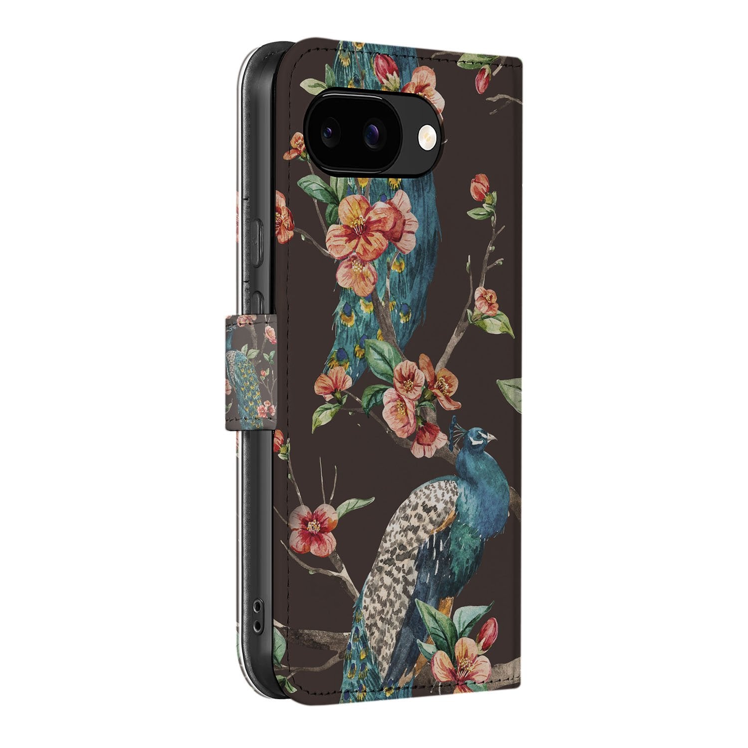 Bookcase Hoesje Google Pixel 9a Pauw Bloemen Print zijaanzicht