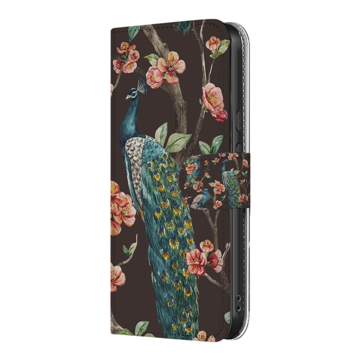 Bookcase Hoesje Google Pixel 9a Pauw Bloemen Print zij aanzicht met pauw en bloemen
