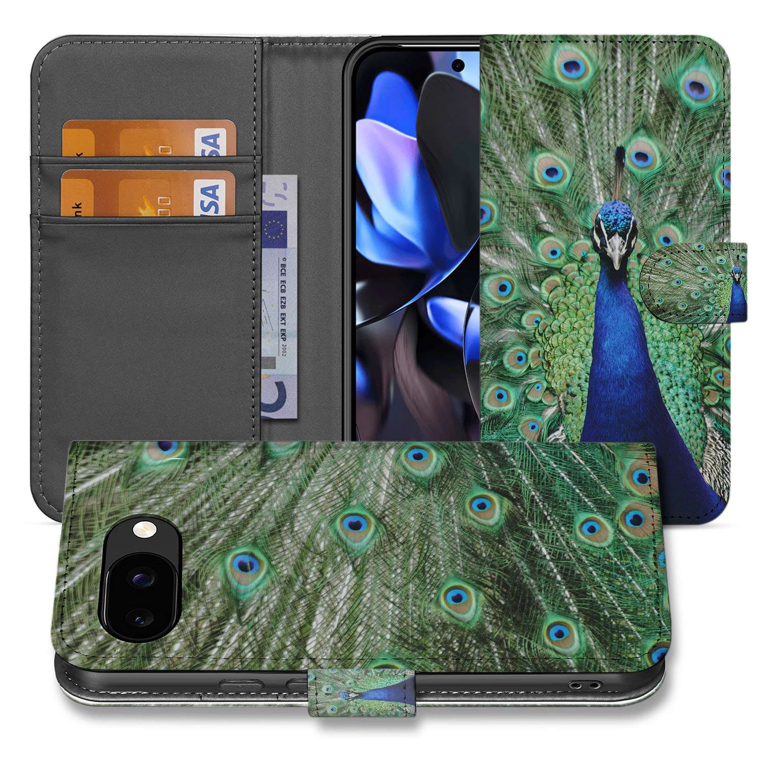 Pauwprint Google Pixel 9a Bookcase Hoesje pauwprint groen blauw voorkant