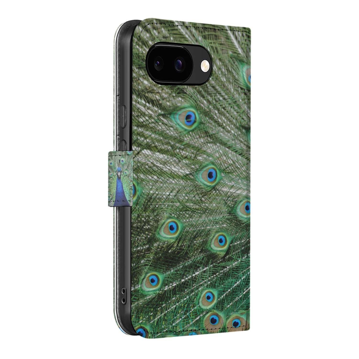 Pauwprint Google Pixel 9a Bookcase Hoesje pauwprint groene blauwtinten zijkant