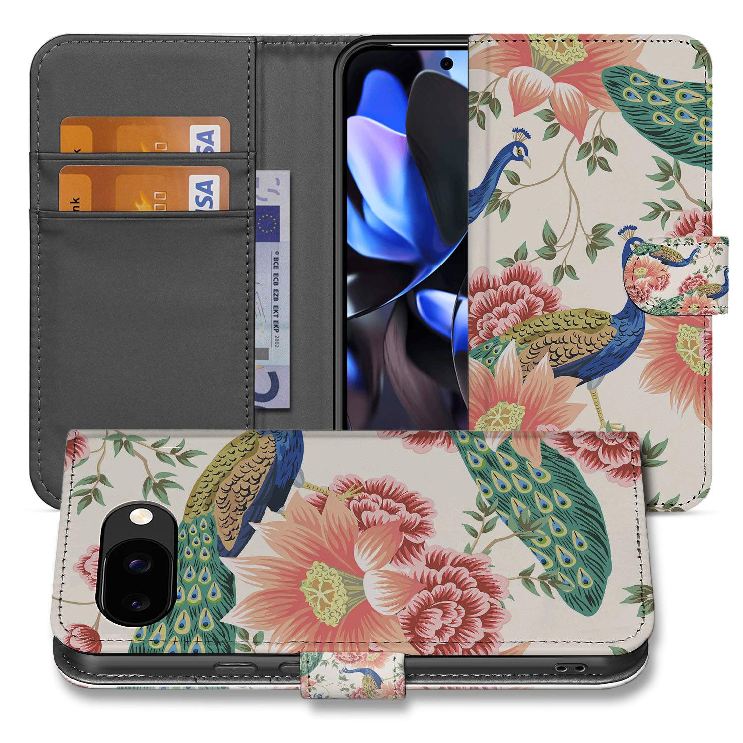 Pink Peacock Google Pixel 9a Portemonnee Hoesje designnaam zijaanzicht